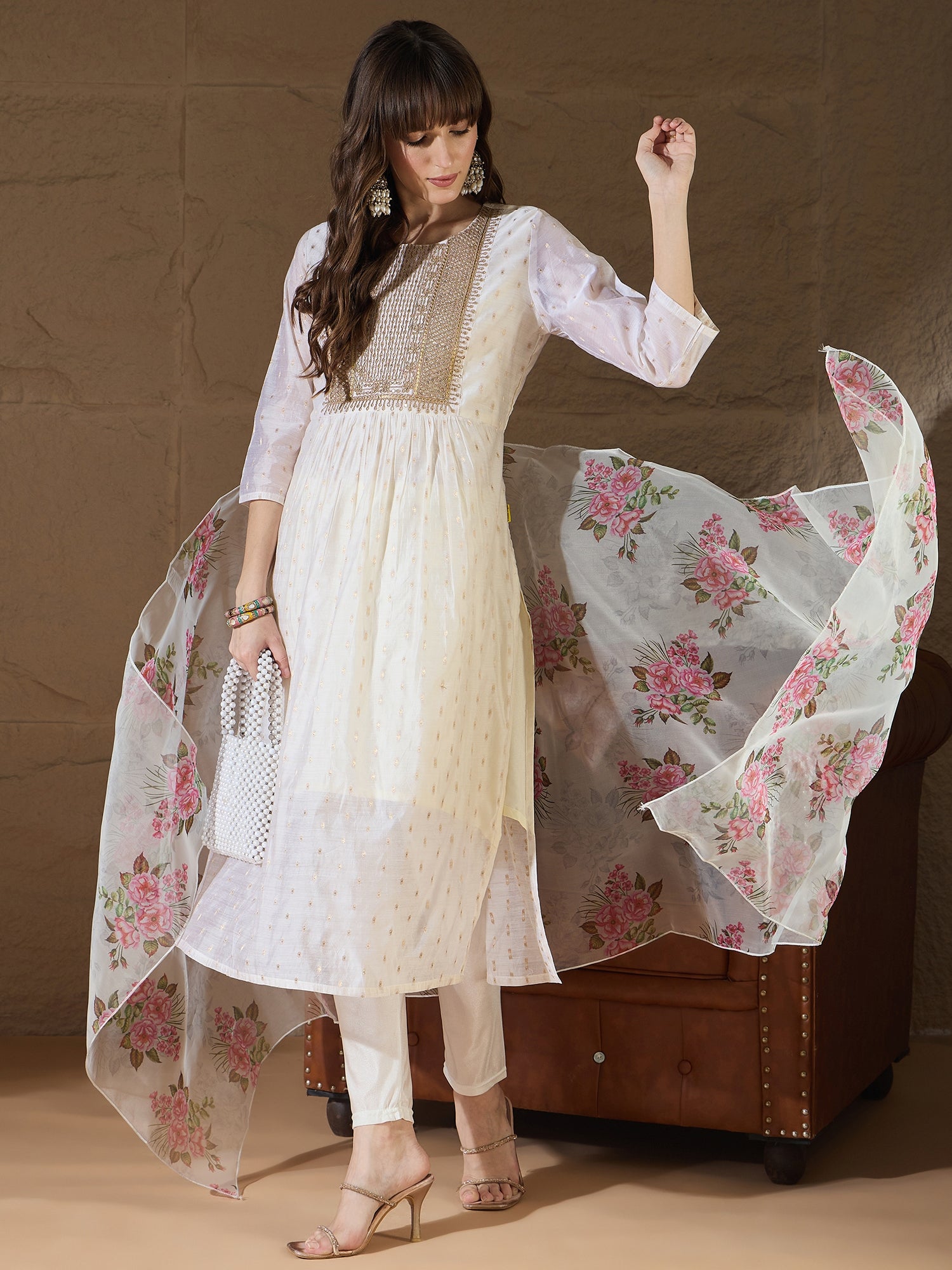 Neelangi Off white Women Kurta and Leggings Duppata Set Chanderi Modal Butti