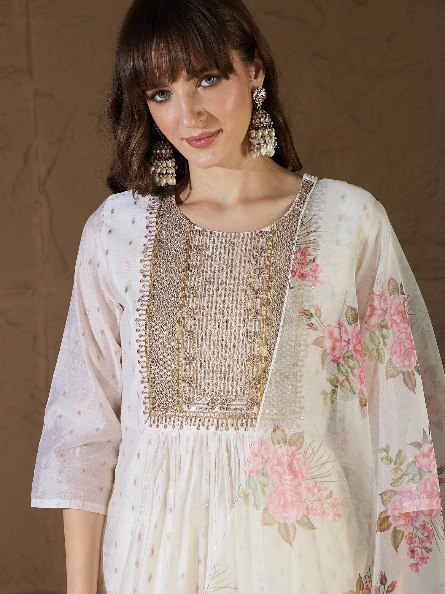 Neelangi Off white Women Kurta and Leggings Duppata Set Chanderi Modal Butti