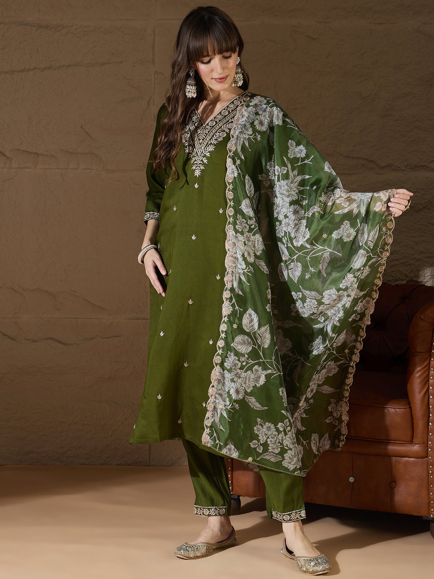 Pavani Charm Mehndi Yoke Design Silk Blend Straight Suit With Dupatta