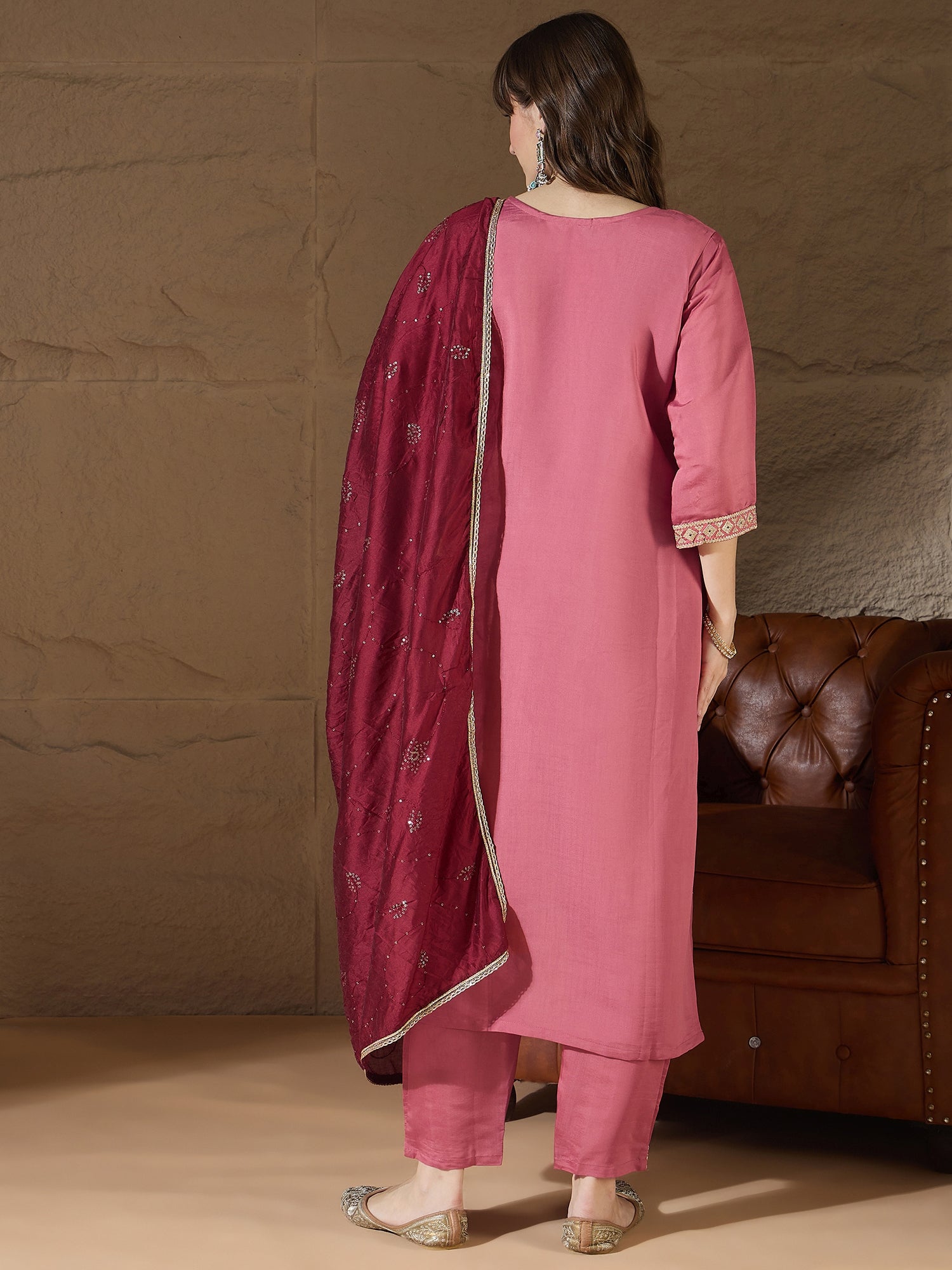 Monalika peach Women Kurta and Pant Sets Silk Blend Fabric