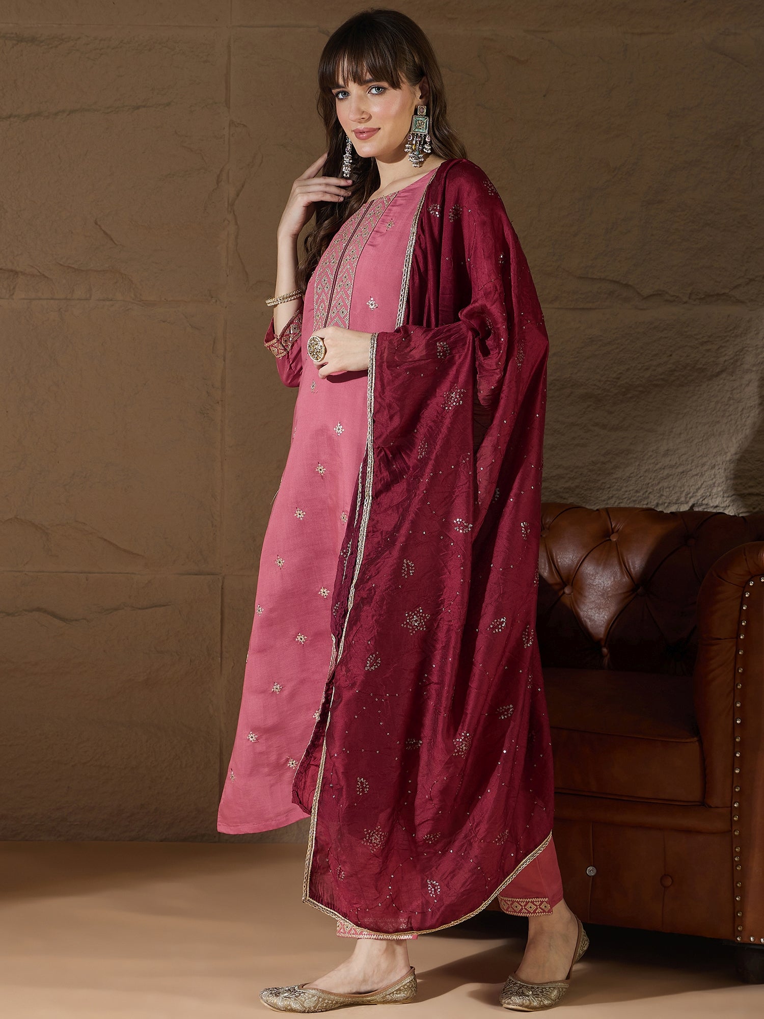 Monalika peach Women Kurta and Pant Sets Silk Blend Fabric