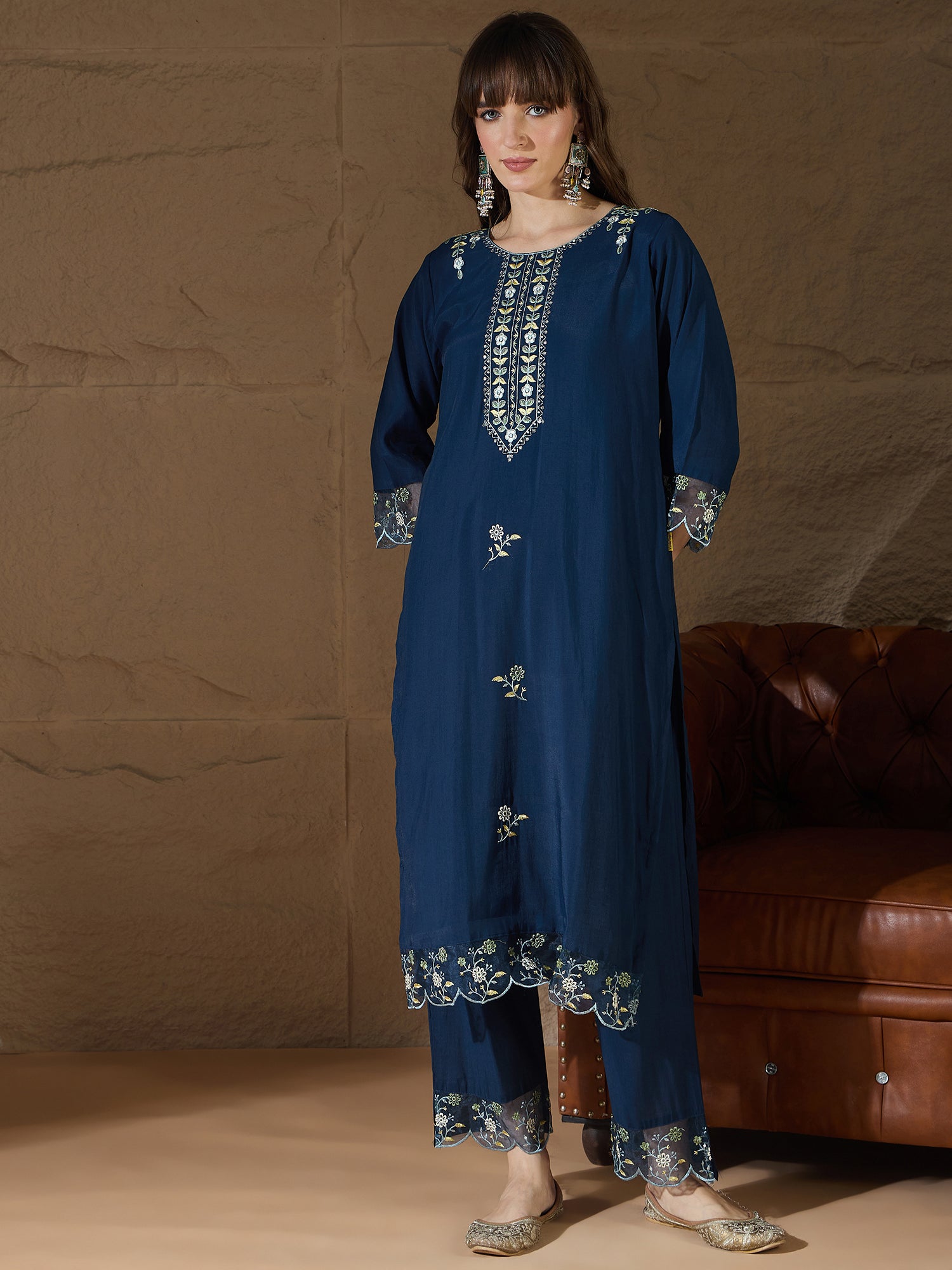 Yogini Silk Blend Blue Embroidered Design Straight Kurta suits