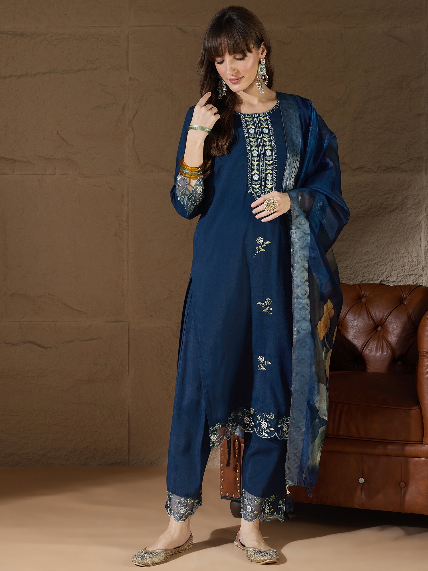 Yogini Silk Blend Blue Embroidered Design Straight Kurta suits