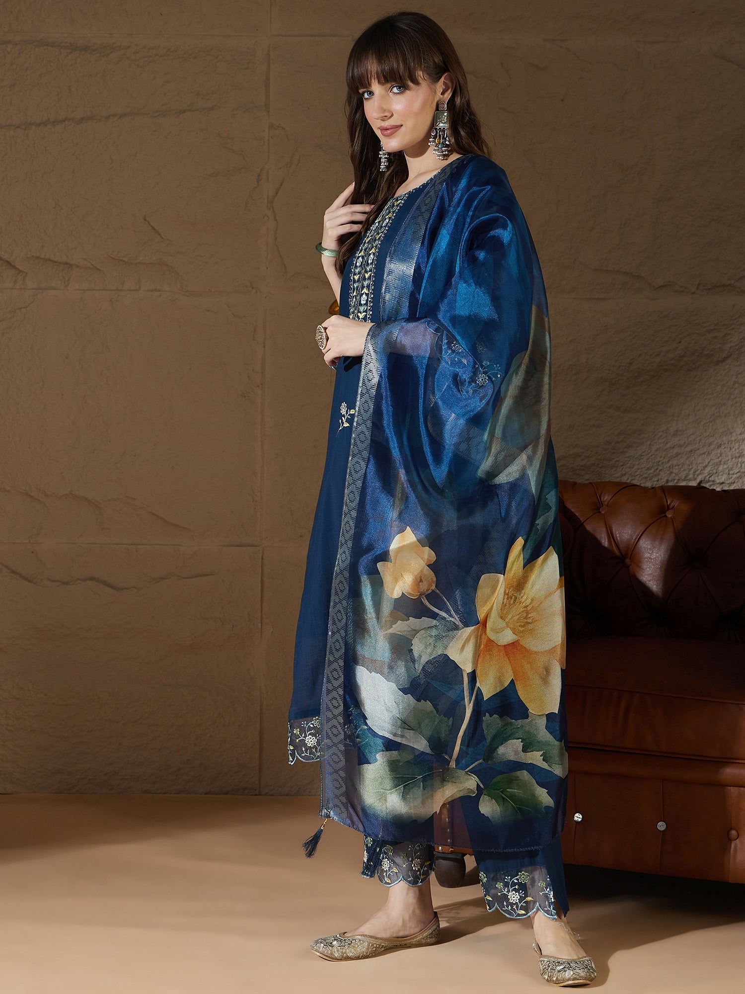Yogini Silk Blend Blue Embroidered Design Straight Kurta suits