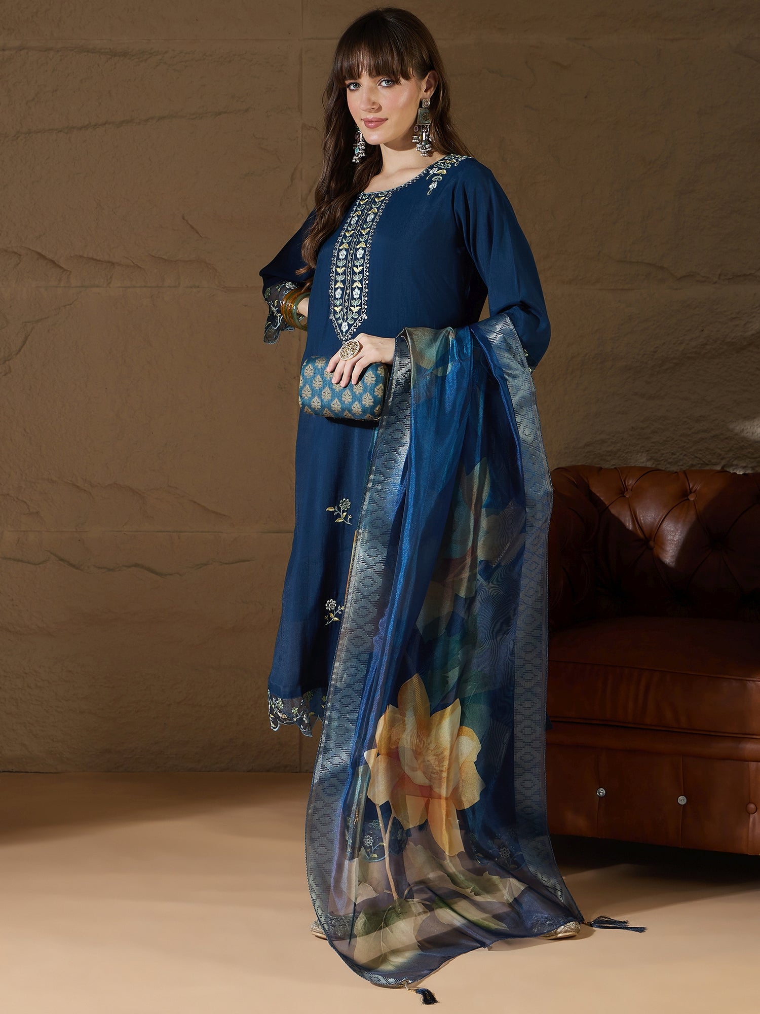 Yogini Silk Blend Blue Embroidered Design Straight Kurta suits