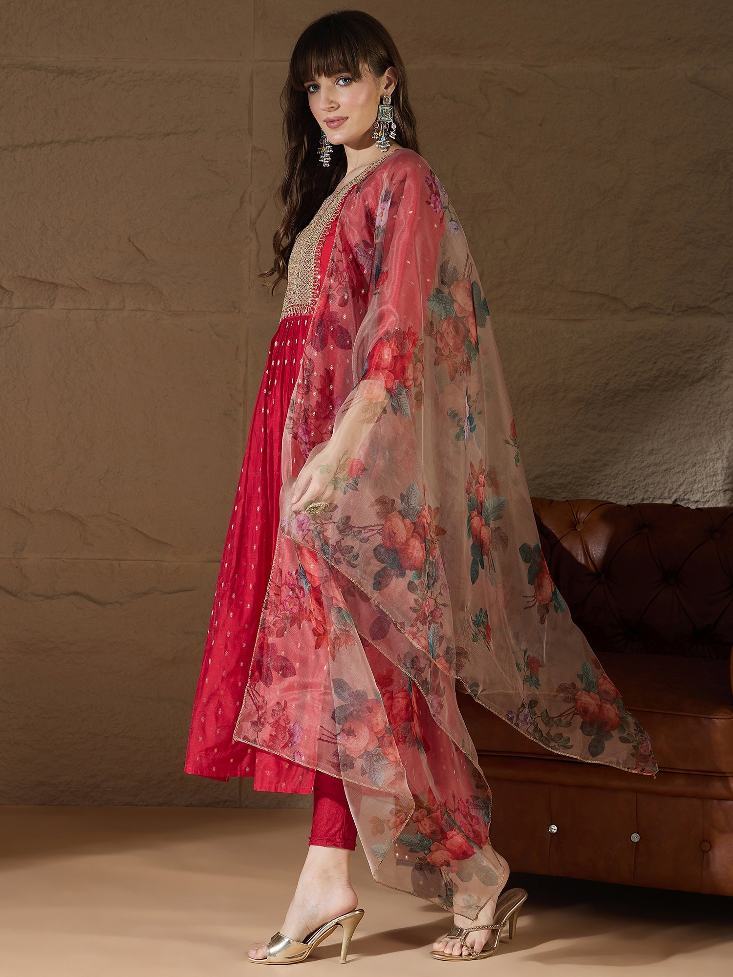 Nirvani  Red Women Kurta and Leggings Duppata Set Chanderi Modal Butti