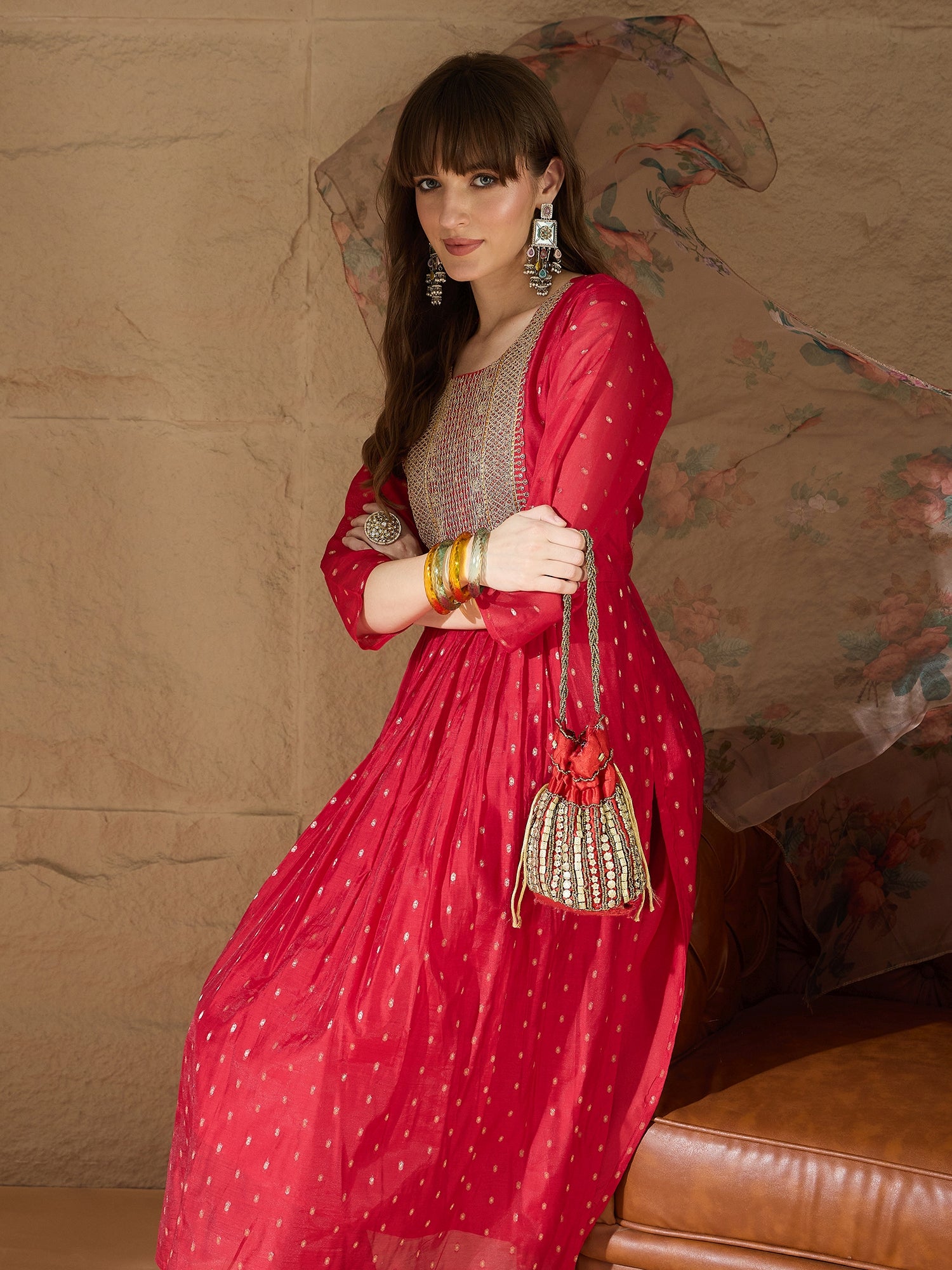 Nirvani  Red Women Kurta and Leggings Duppata Set Chanderi Modal Butti