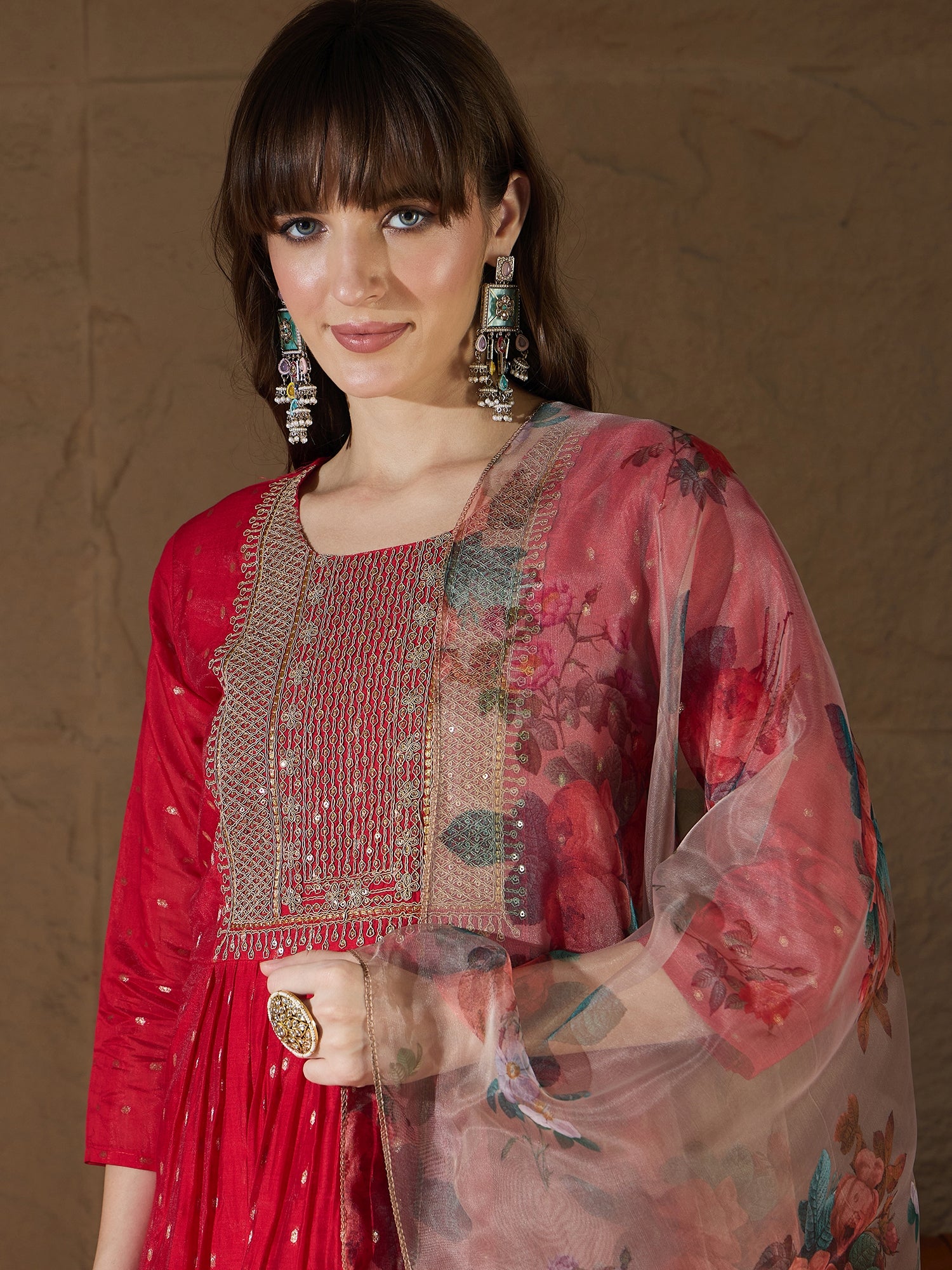 Nirvani  Red Women Kurta and Leggings Duppata Set Chanderi Modal Butti