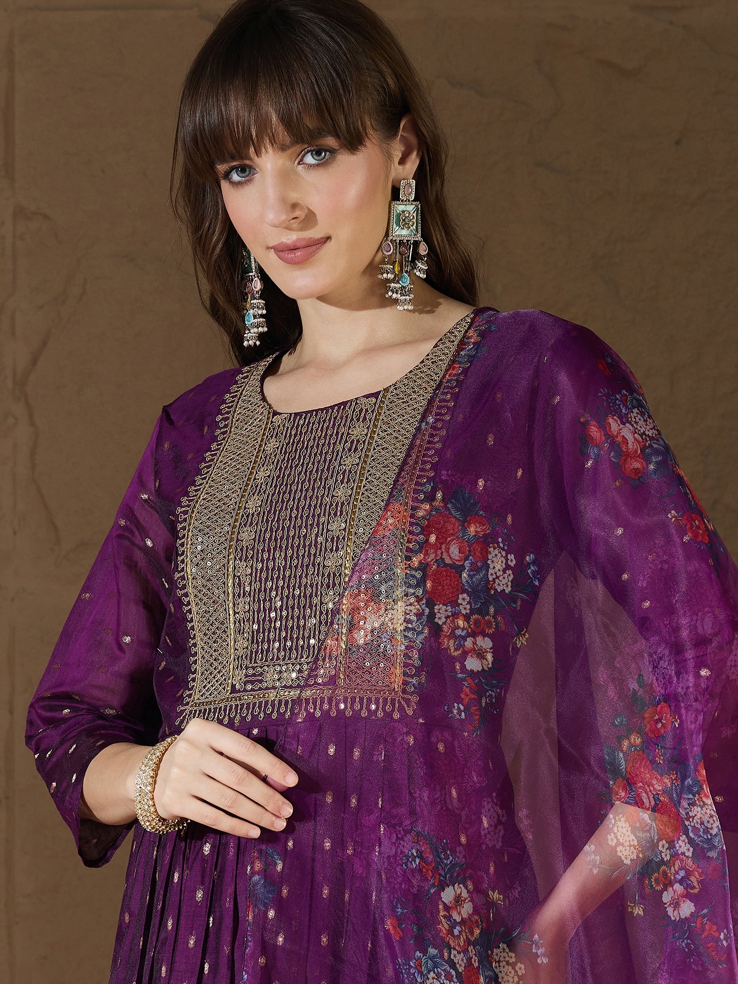 Tapasvini Purple Women Kurta and Leggings Duppata Set Chanderi Modal Butti