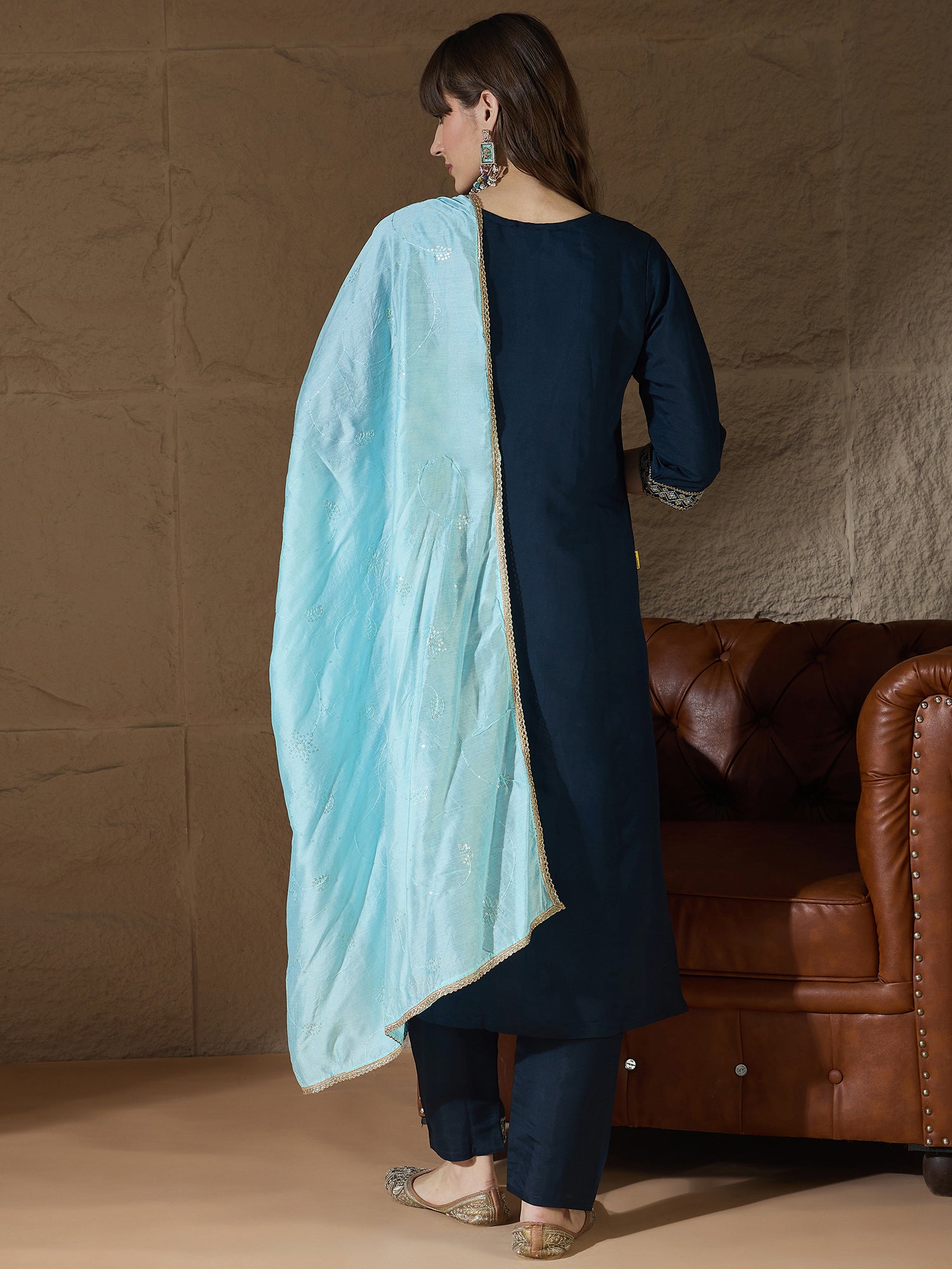 Mahira teal Women Kurta and Pant Sets Silk Blend Fabric