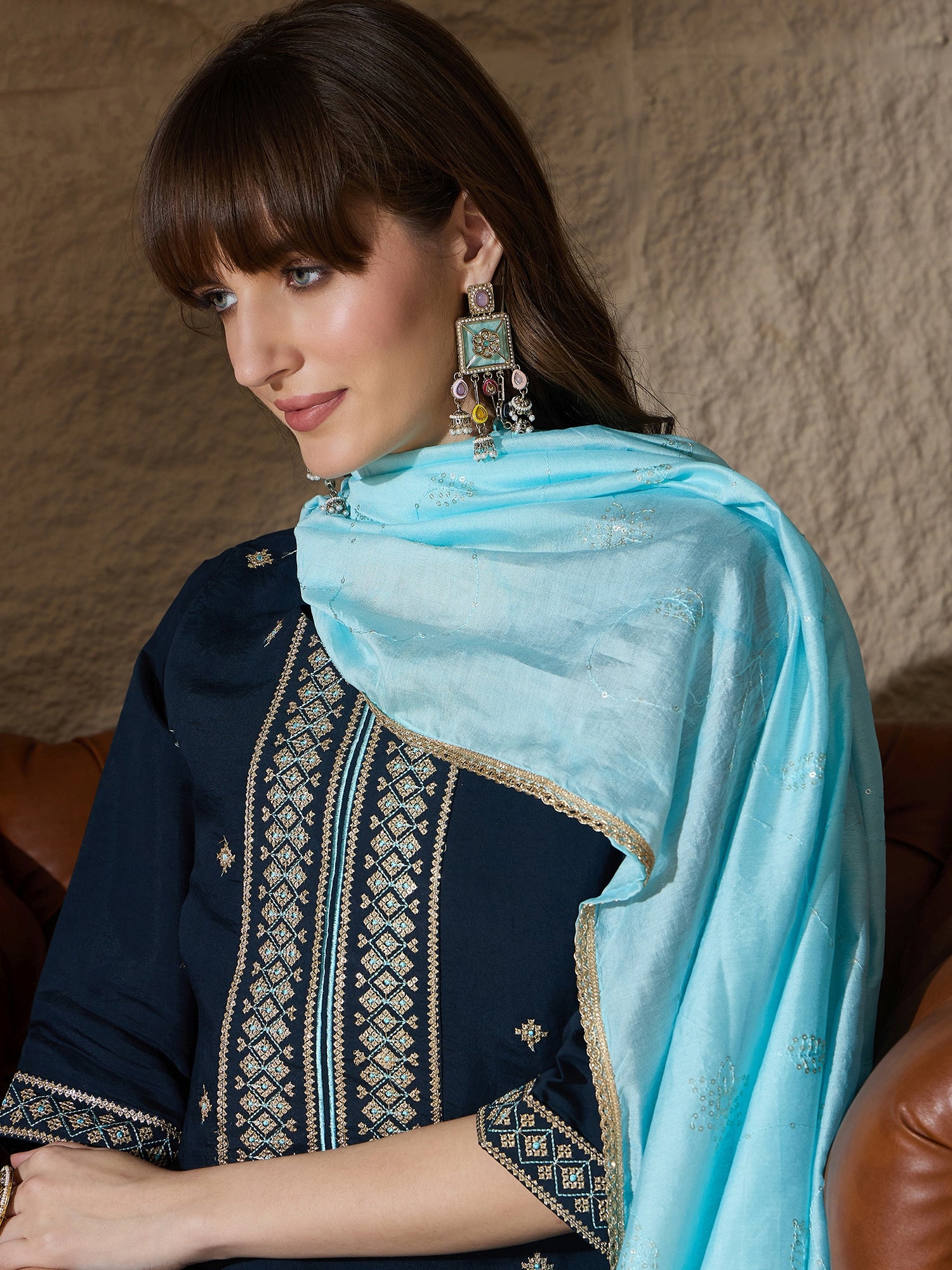 Mahira teal Women Kurta and Pant Sets Silk Blend Fabric