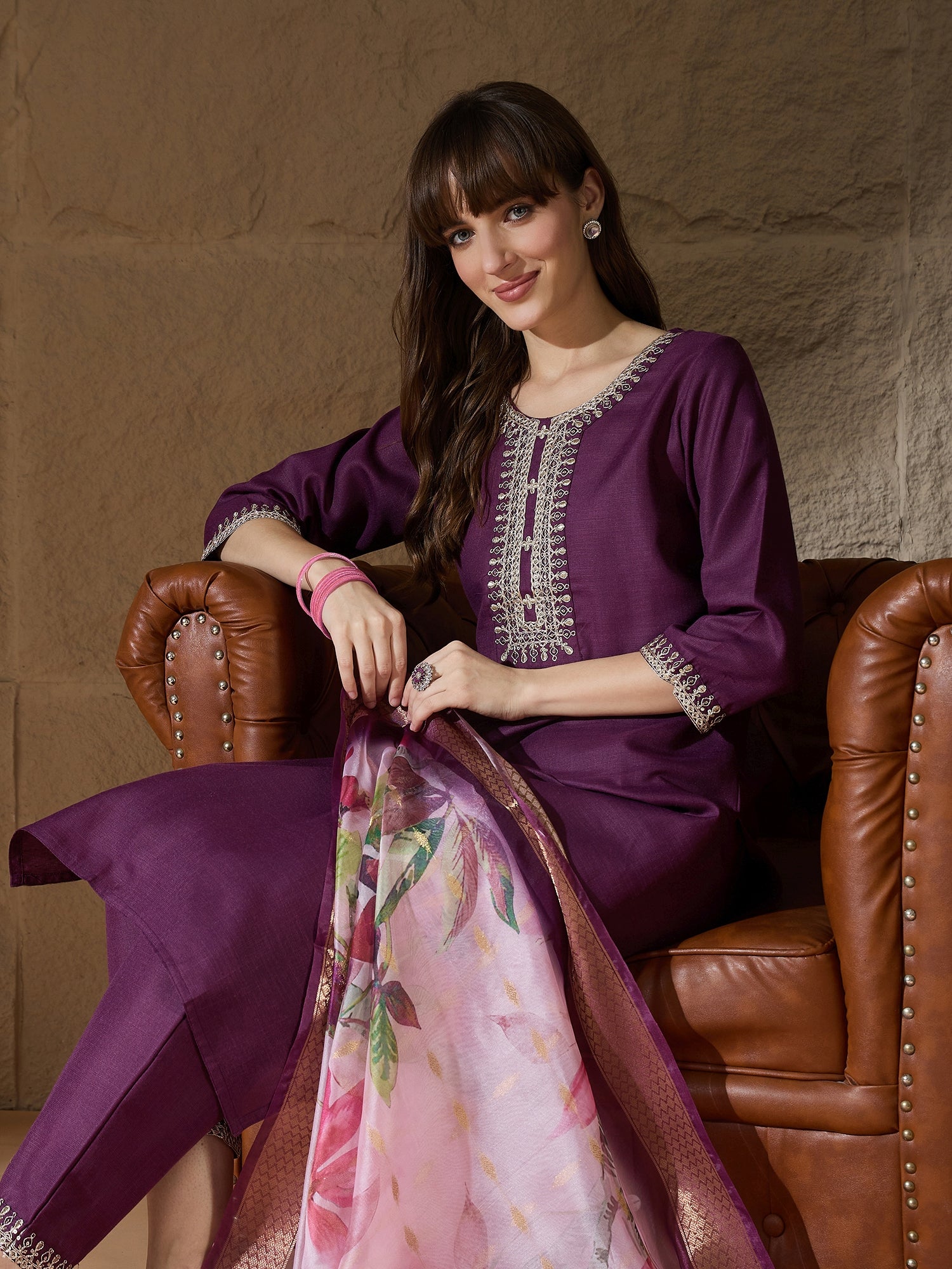Nitya Purple Women Kurta and Trousers Pant Sets Cotton Blend