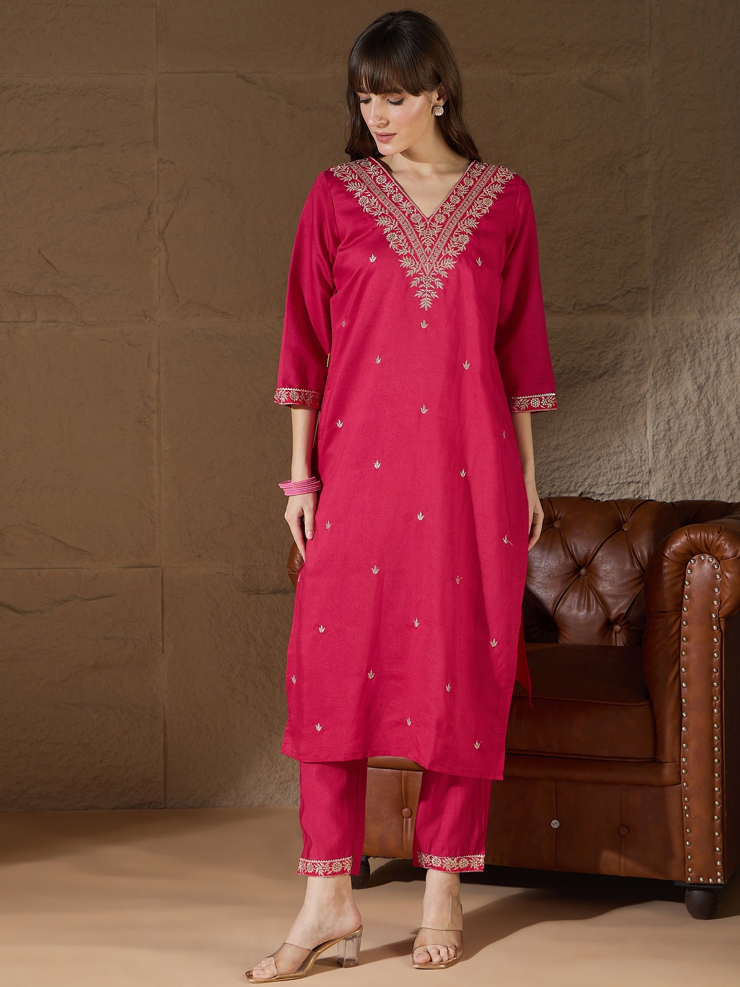 Chitra Charm Pink Yoke Design Silk Blend Straight Suit With Dupatta