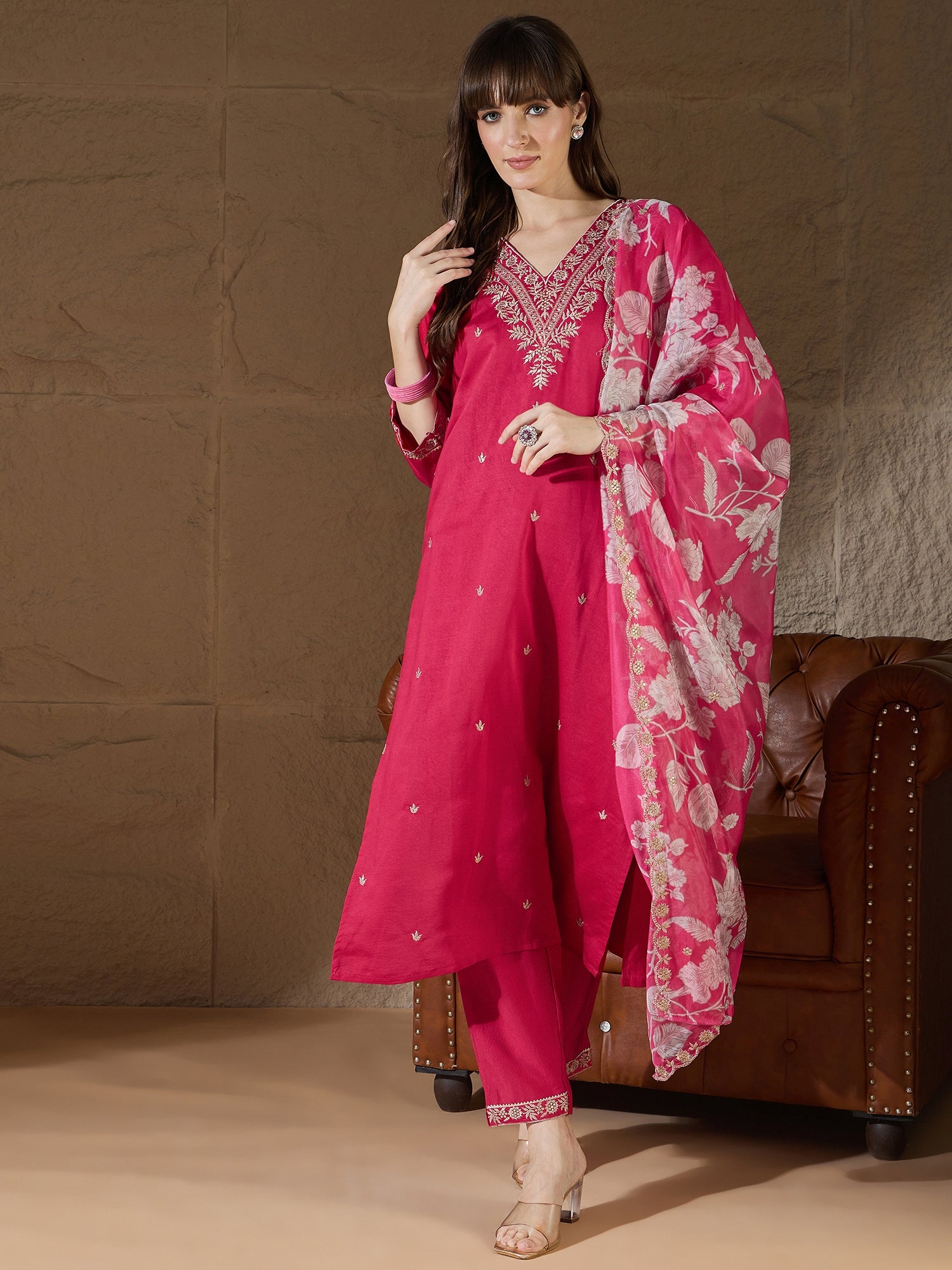 Chitra Charm Pink Yoke Design Silk Blend Straight Suit With Dupatta