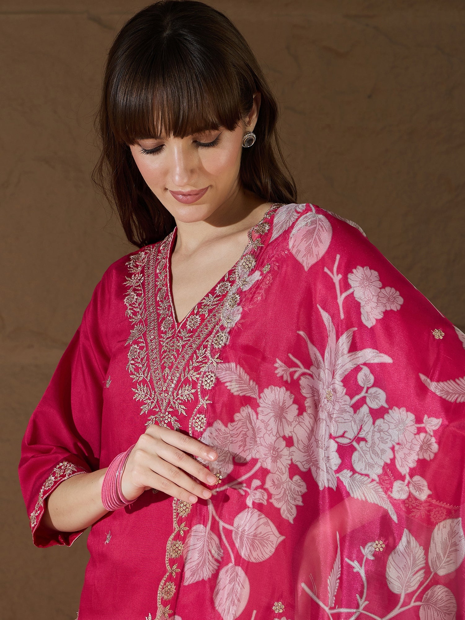 Chitra Charm Pink Yoke Design Silk Blend Straight Suit With Dupatta