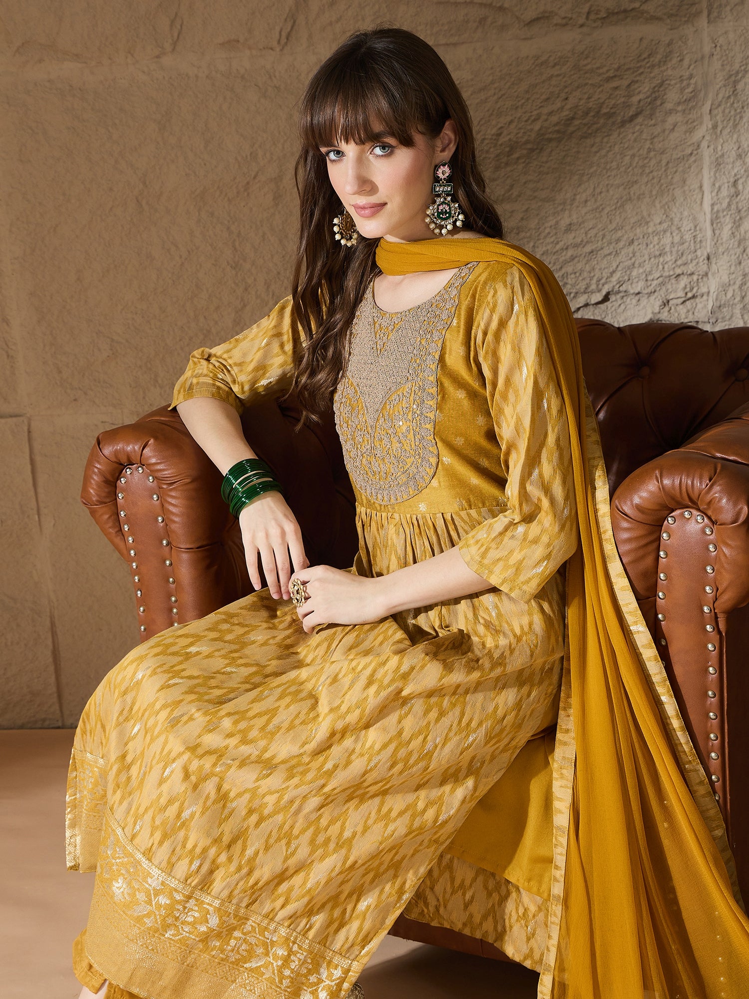 Damyanti Mustard Cotton Silk Embellished Flared Suit Set