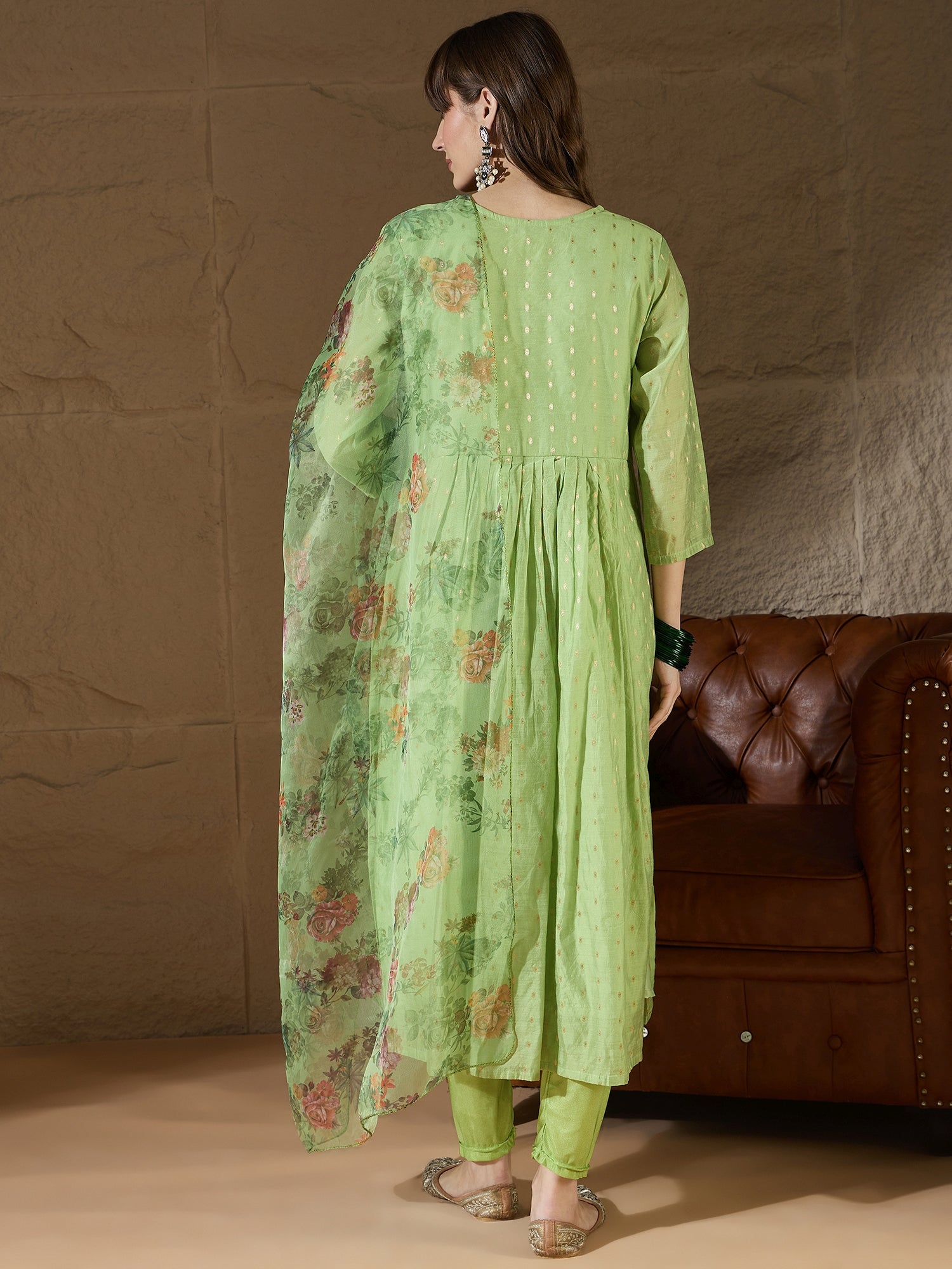 Adityika Mehndi Women Kurta and Leggings Duppata Set Chanderi Modal Butti