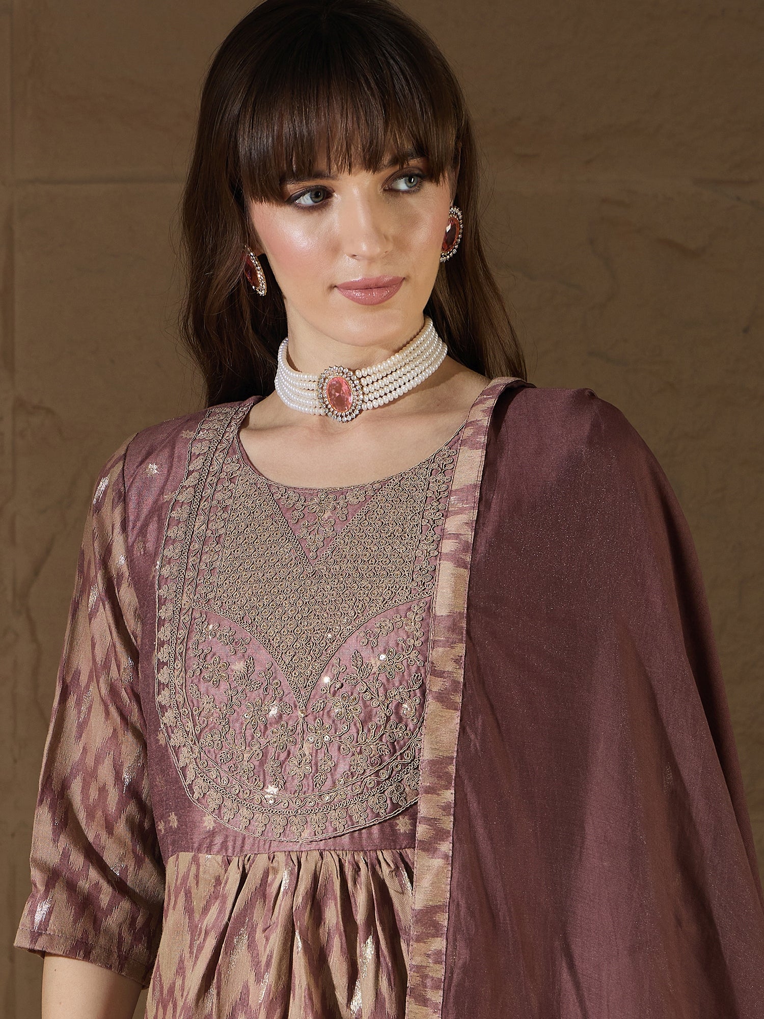 Nirmala Cocoa Cotton Silk Embellished Flared Suit Set