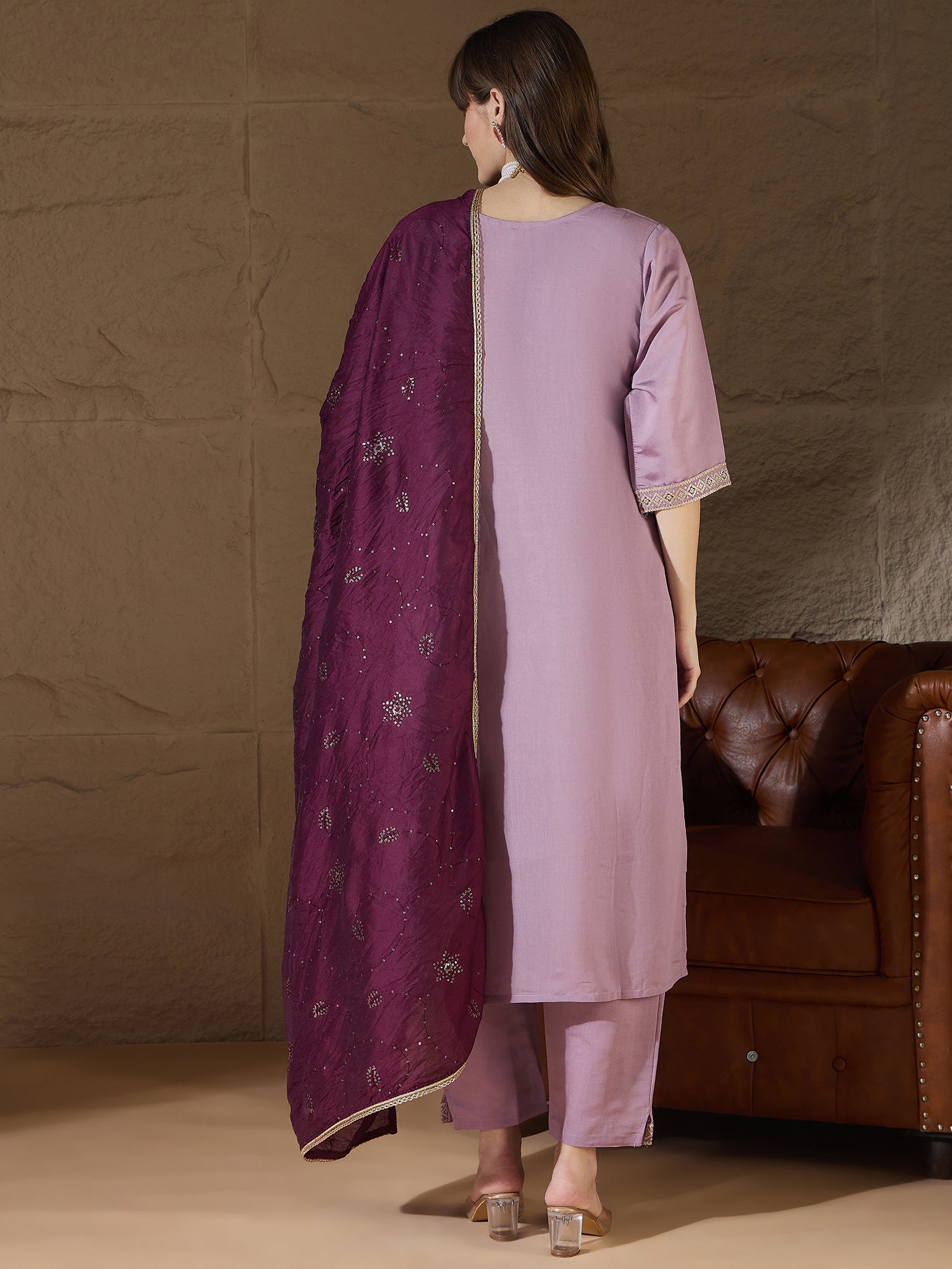 Suhasini lavender Women Kurta and Pant Sets Silk Blend Fabric