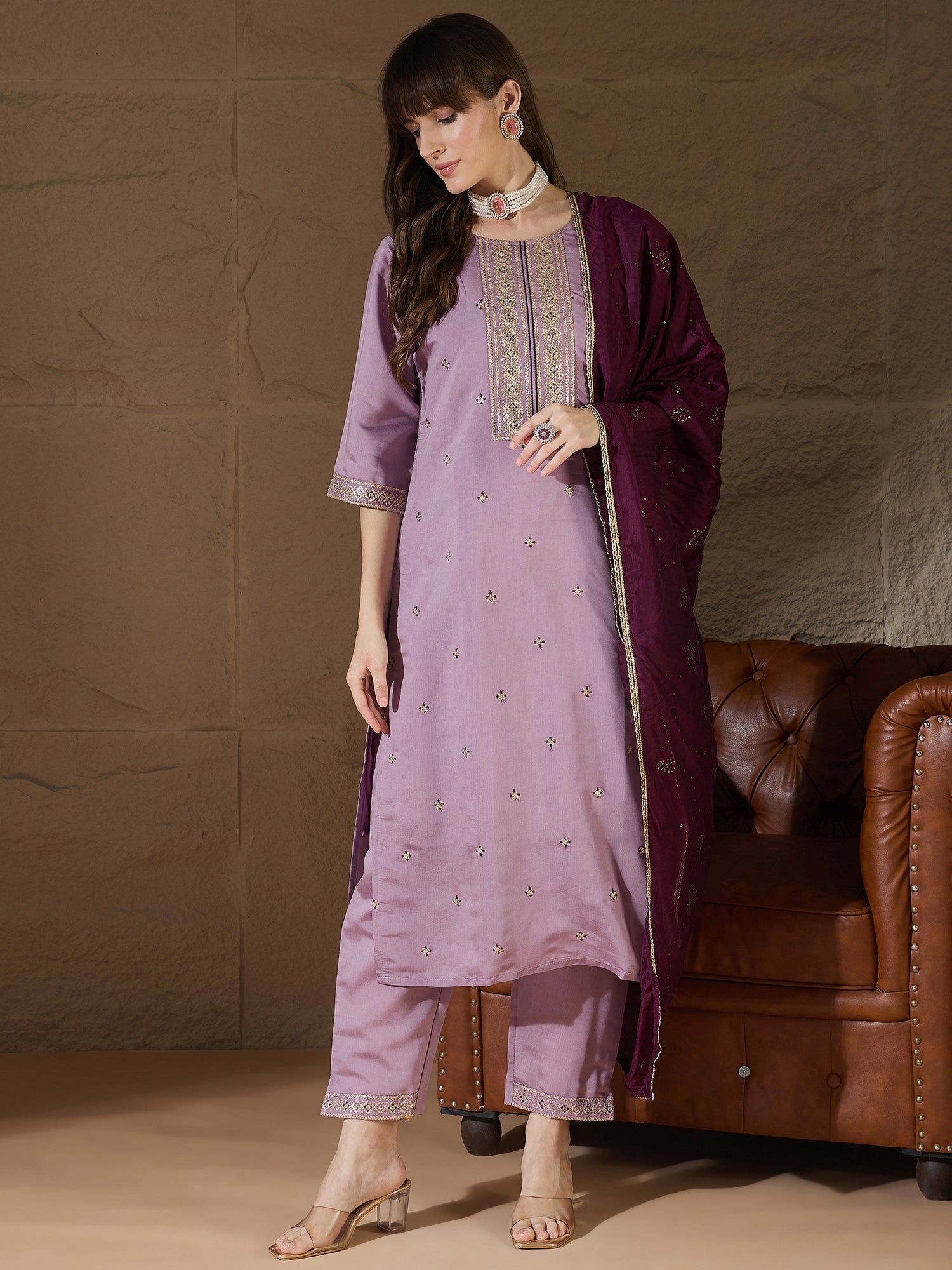 Suhasini lavender Women Kurta and Pant Sets Silk Blend Fabric