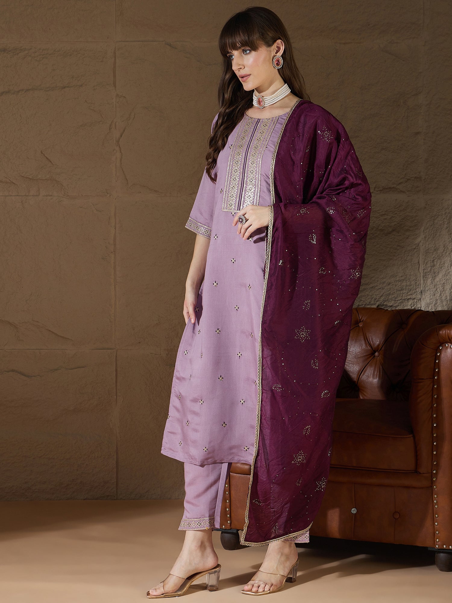 Suhasini lavender Women Kurta and Pant Sets Silk Blend Fabric
