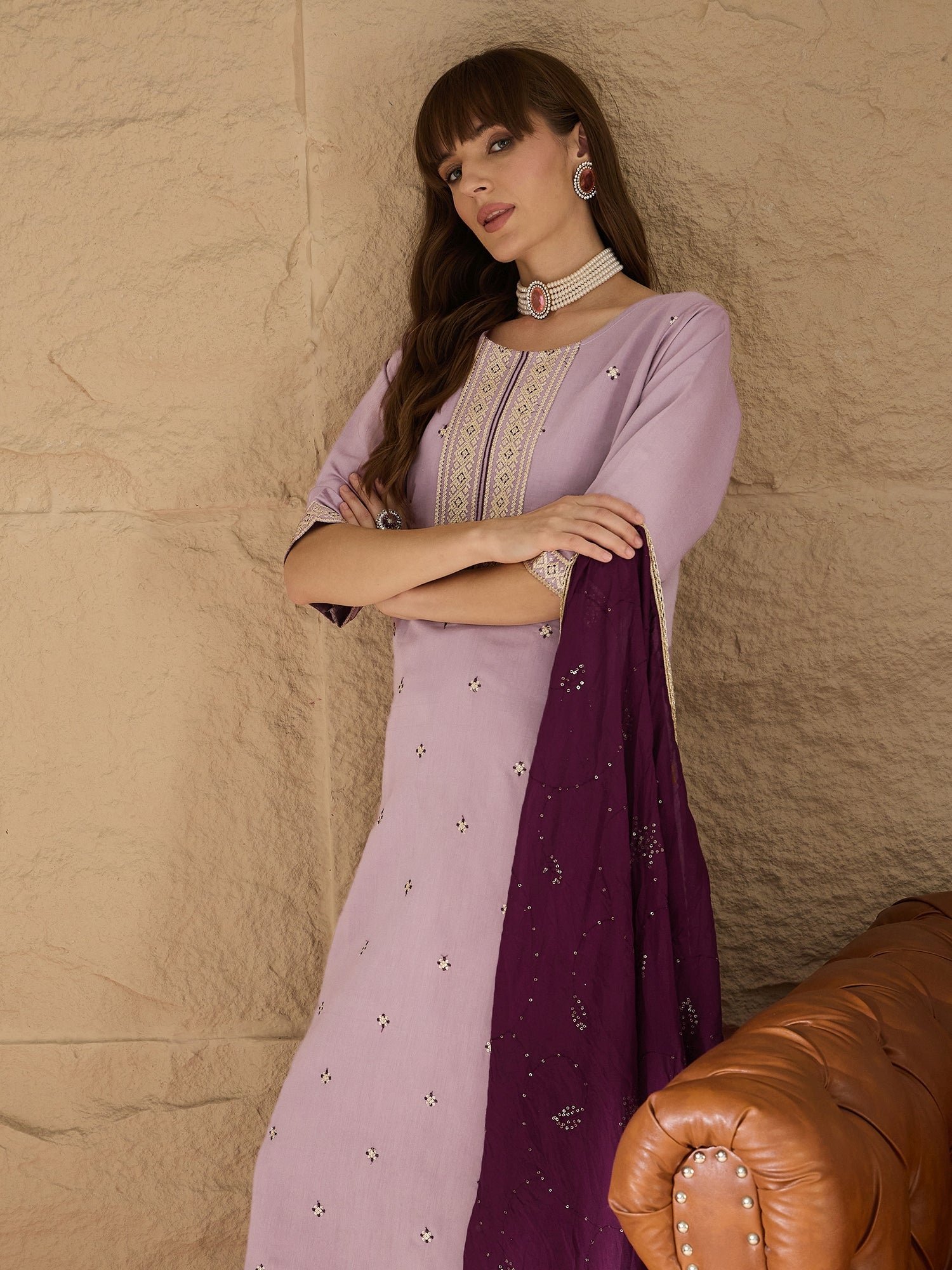 Suhasini lavender Women Kurta and Pant Sets Silk Blend Fabric