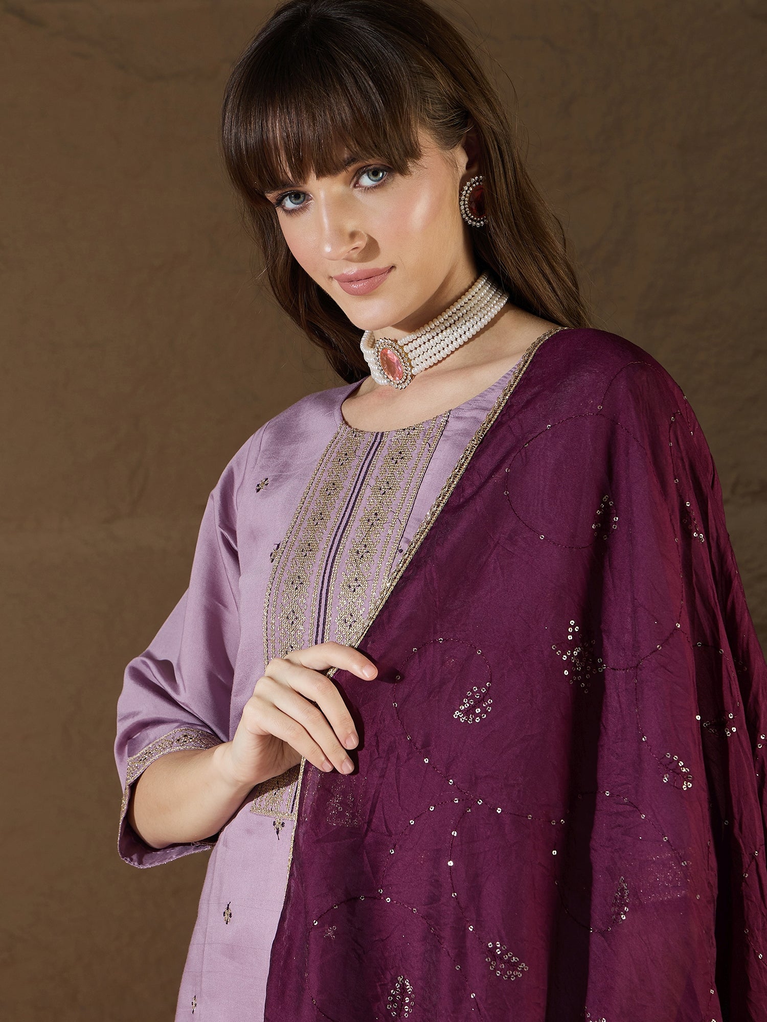 Suhasini lavender Women Kurta and Pant Sets Silk Blend Fabric