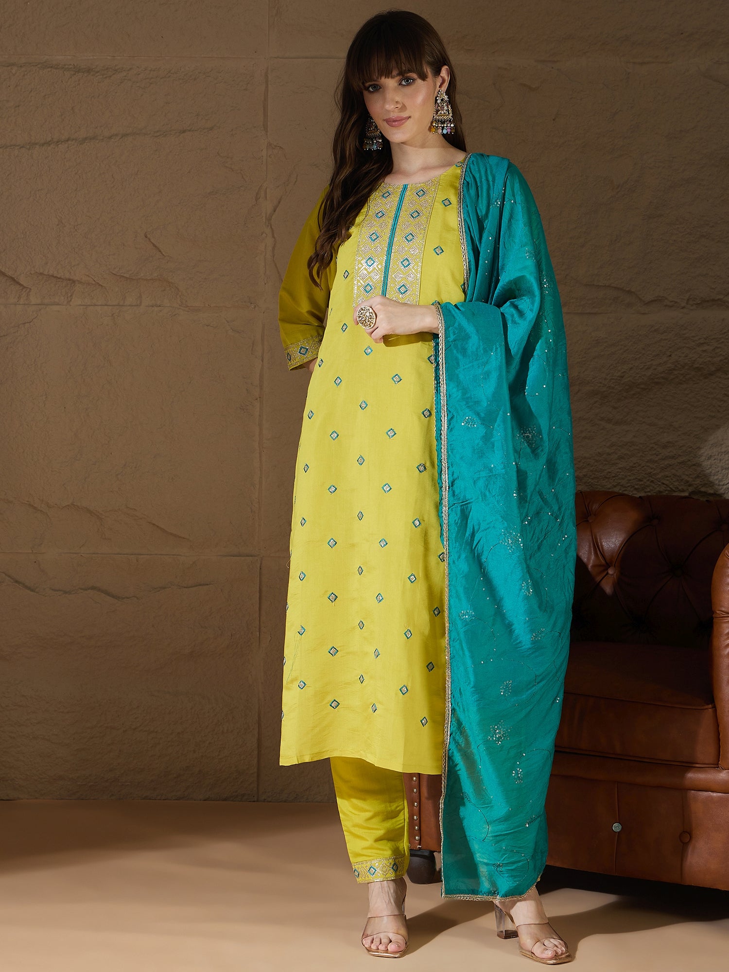 Akasha lemon Women Kurta and Pant Sets Silk Blend Fabric