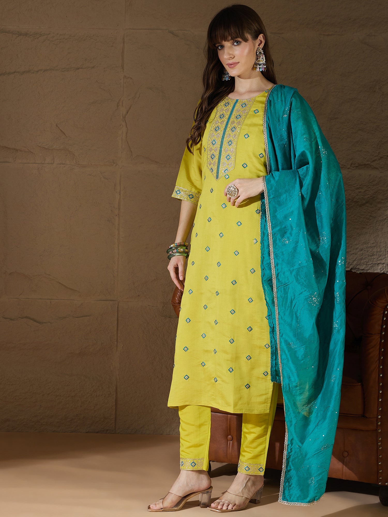 Akasha lemon Women Kurta and Pant Sets Silk Blend Fabric