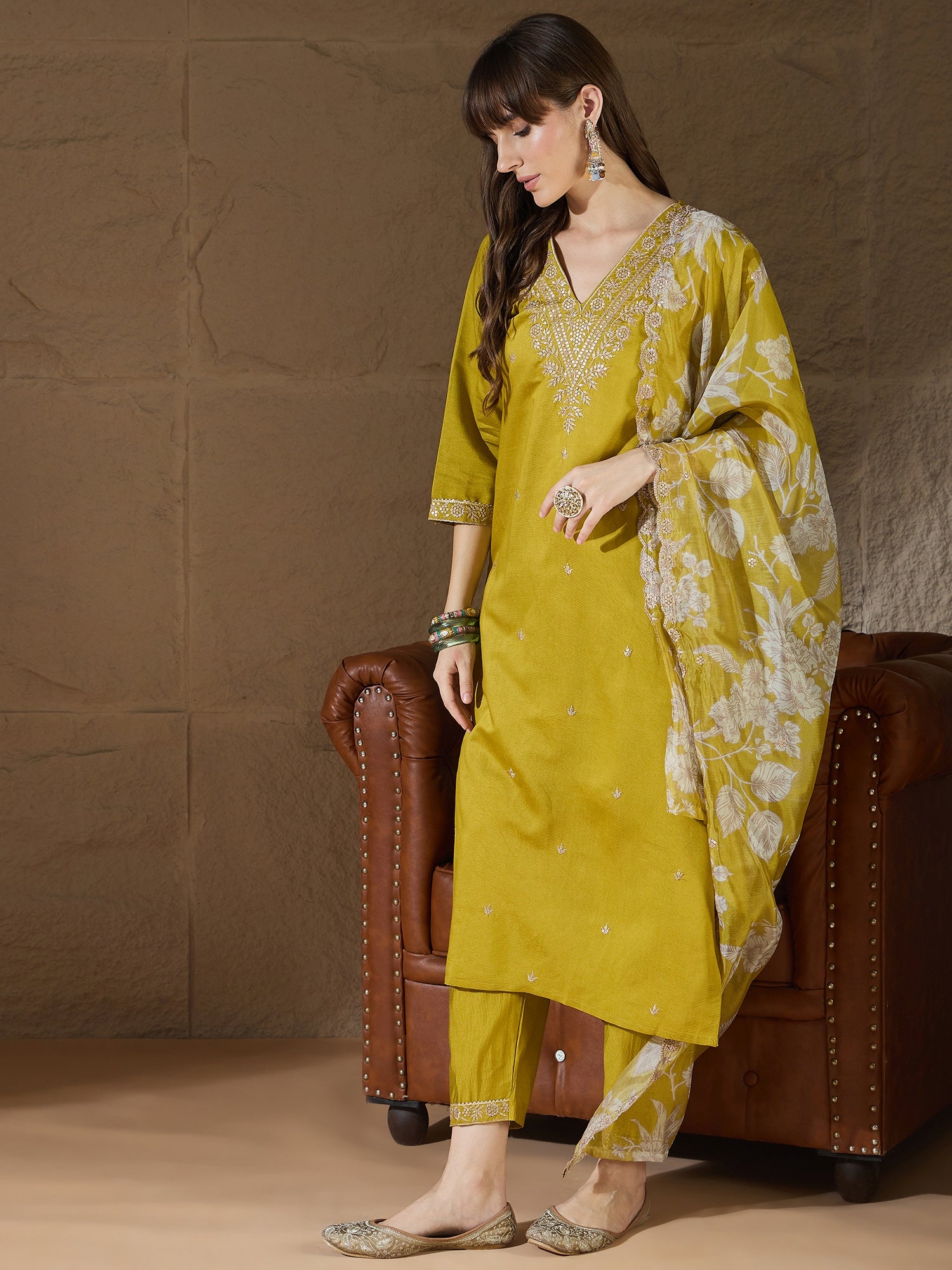Prakruti  Charm Lemon Yoke Design Silk Blend Straight Suit With Dupatta
