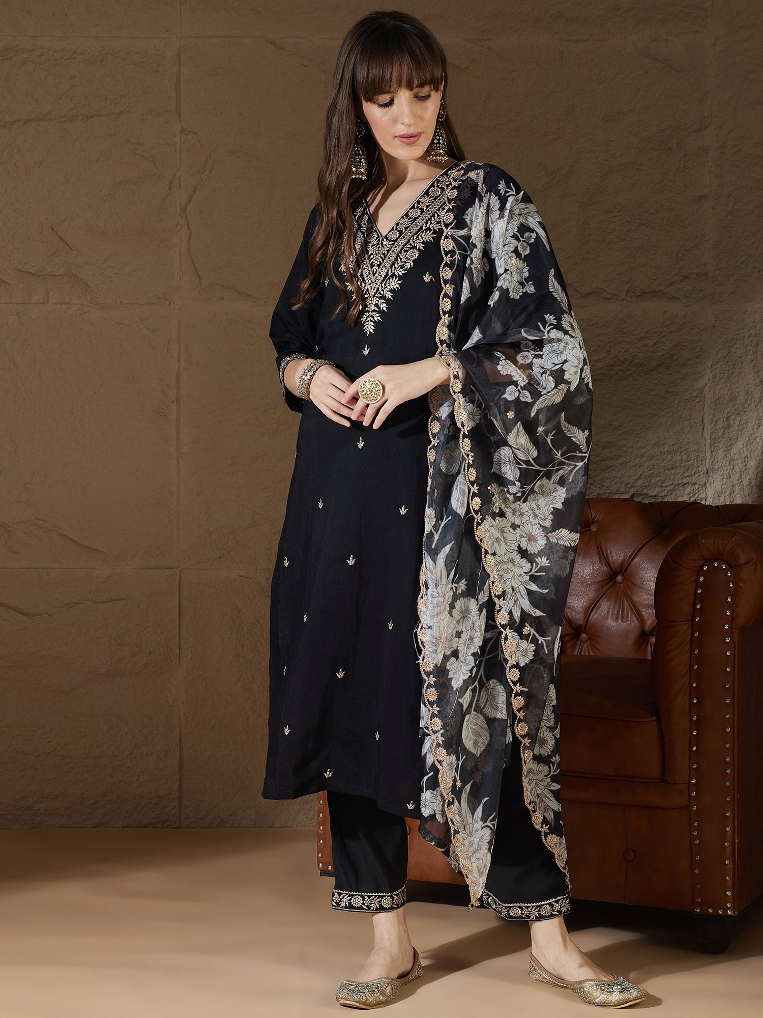 Kavita  Charm black Yoke Design Silk Blend Straight Suit With Dupatta