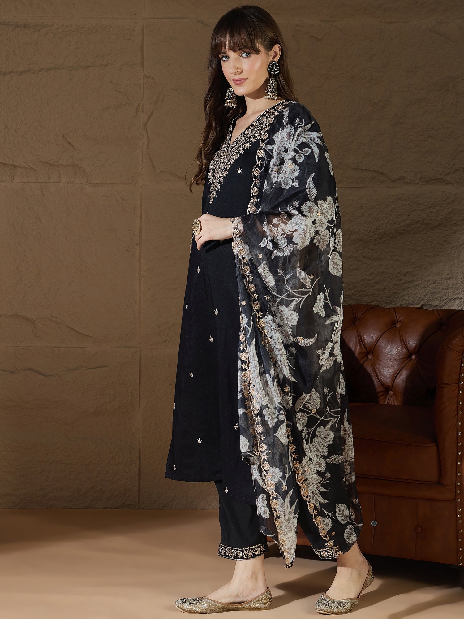 Kavita  Charm black Yoke Design Silk Blend Straight Suit With Dupatta
