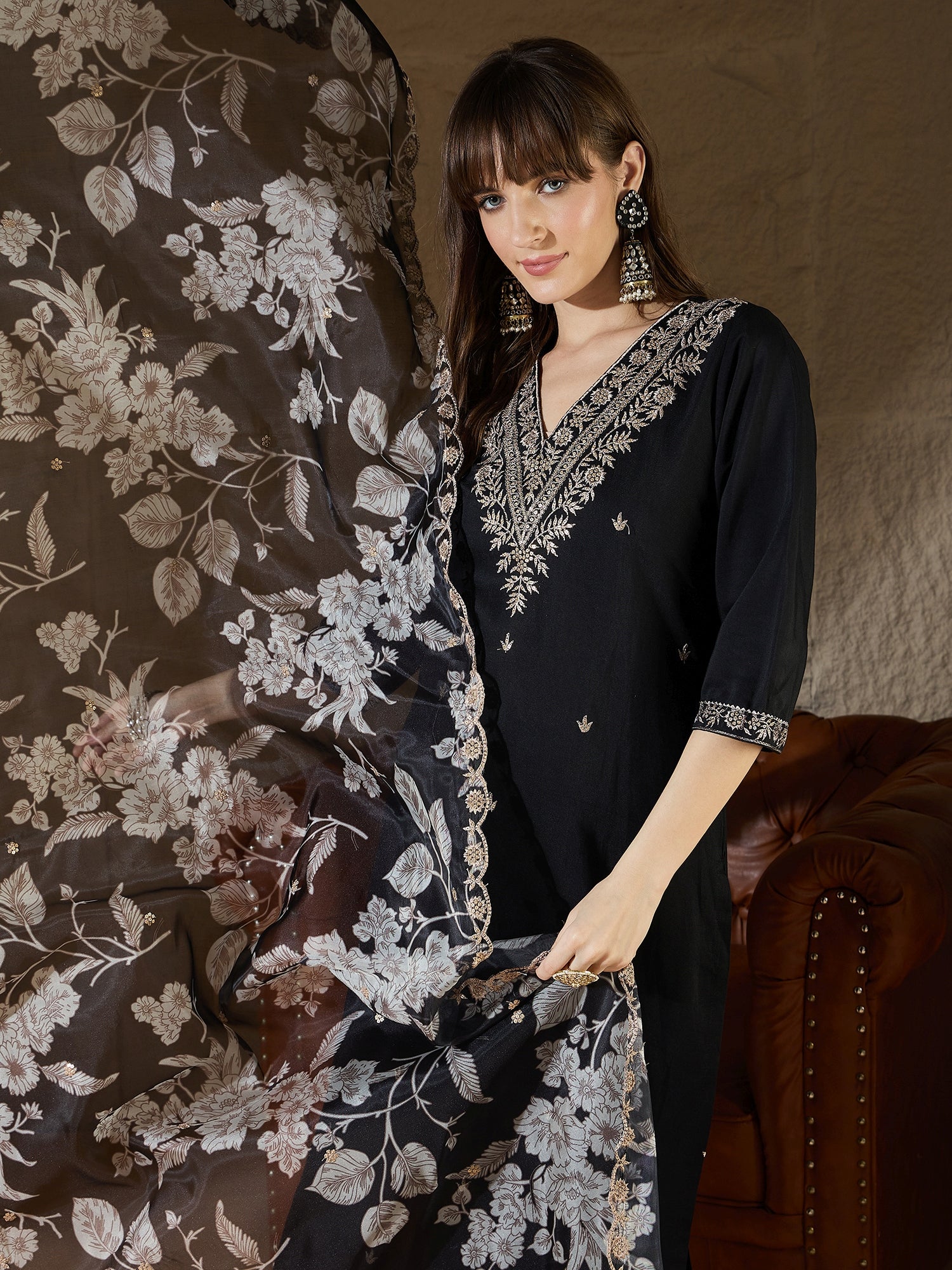 Kavita  Charm black Yoke Design Silk Blend Straight Suit With Dupatta