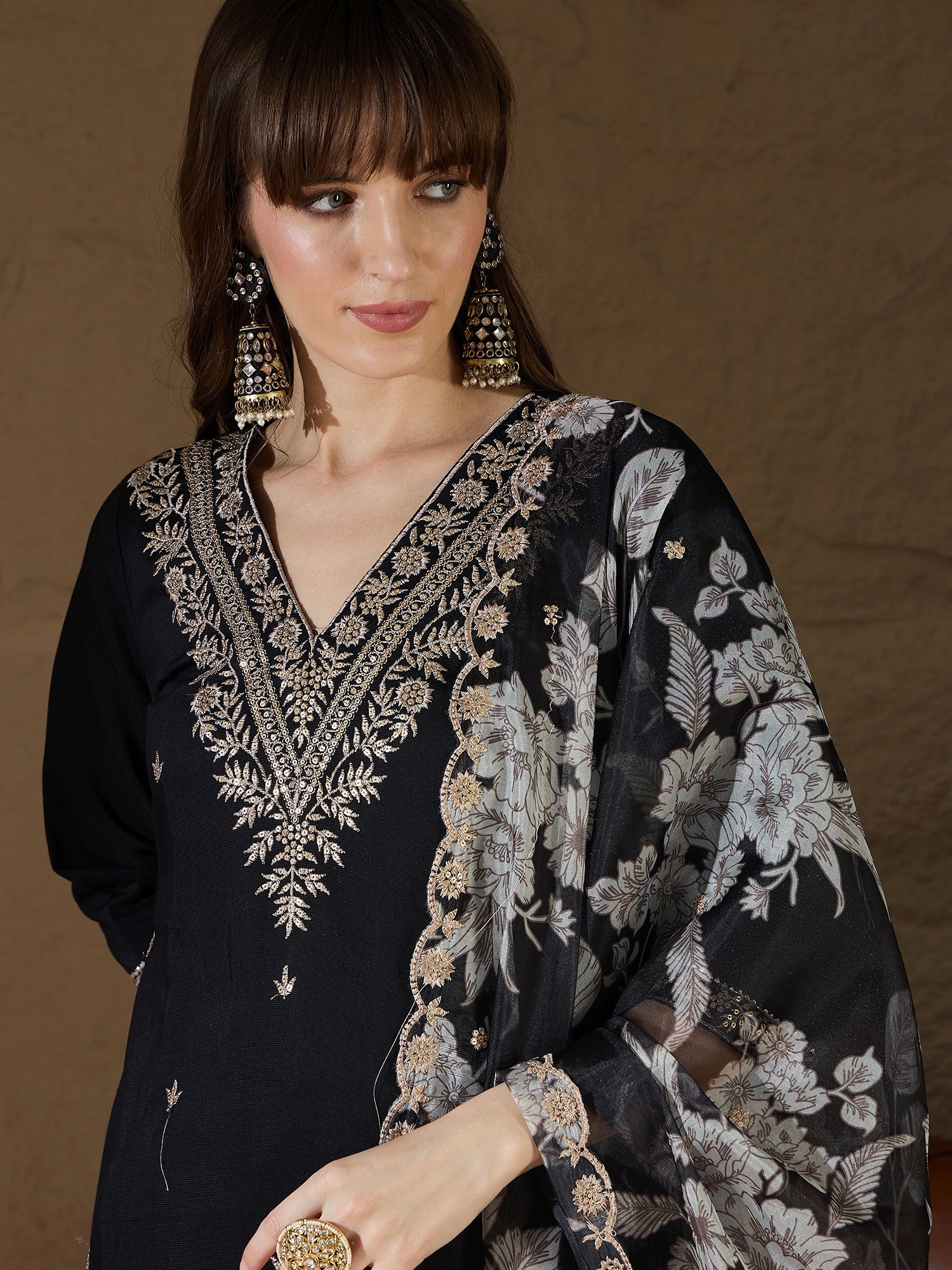 Kavita  Charm black Yoke Design Silk Blend Straight Suit With Dupatta