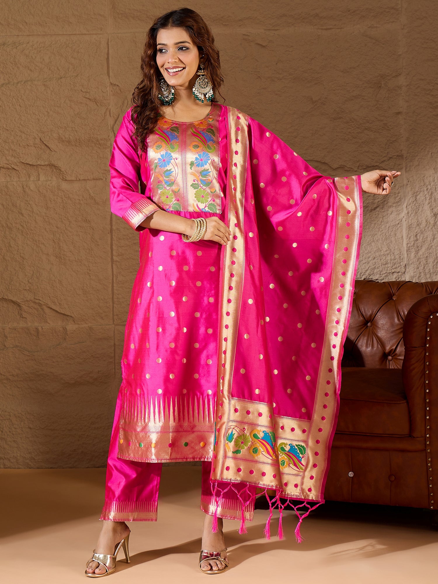 Palak Pink Cotton Silk Jacquard Kurta Pant With Banarasi Silk dupatta
