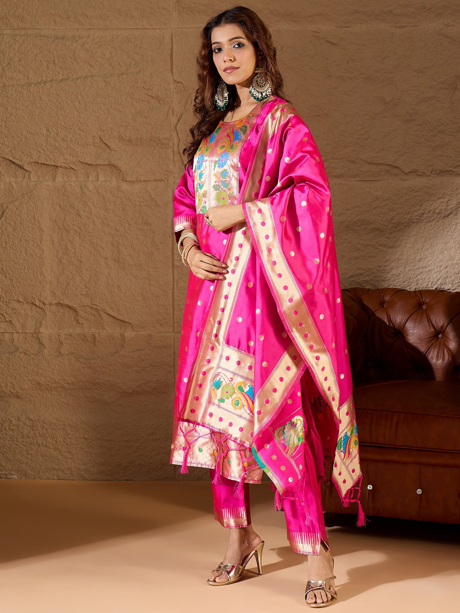 Palak Pink Cotton Silk Jacquard Kurta Pant With Banarasi Silk dupatta