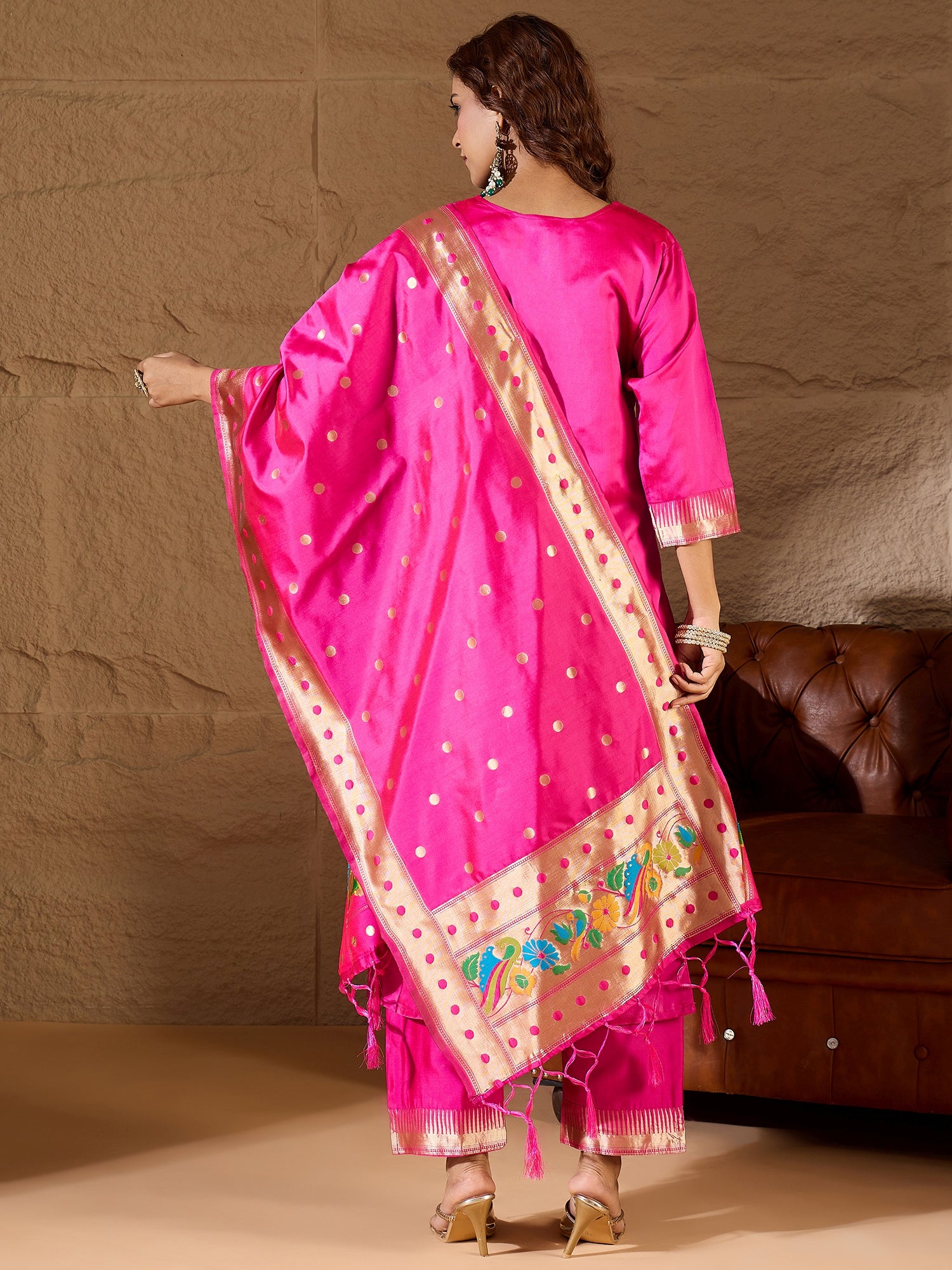 Palak Pink Cotton Silk Jacquard Kurta Pant With Banarasi Silk dupatta