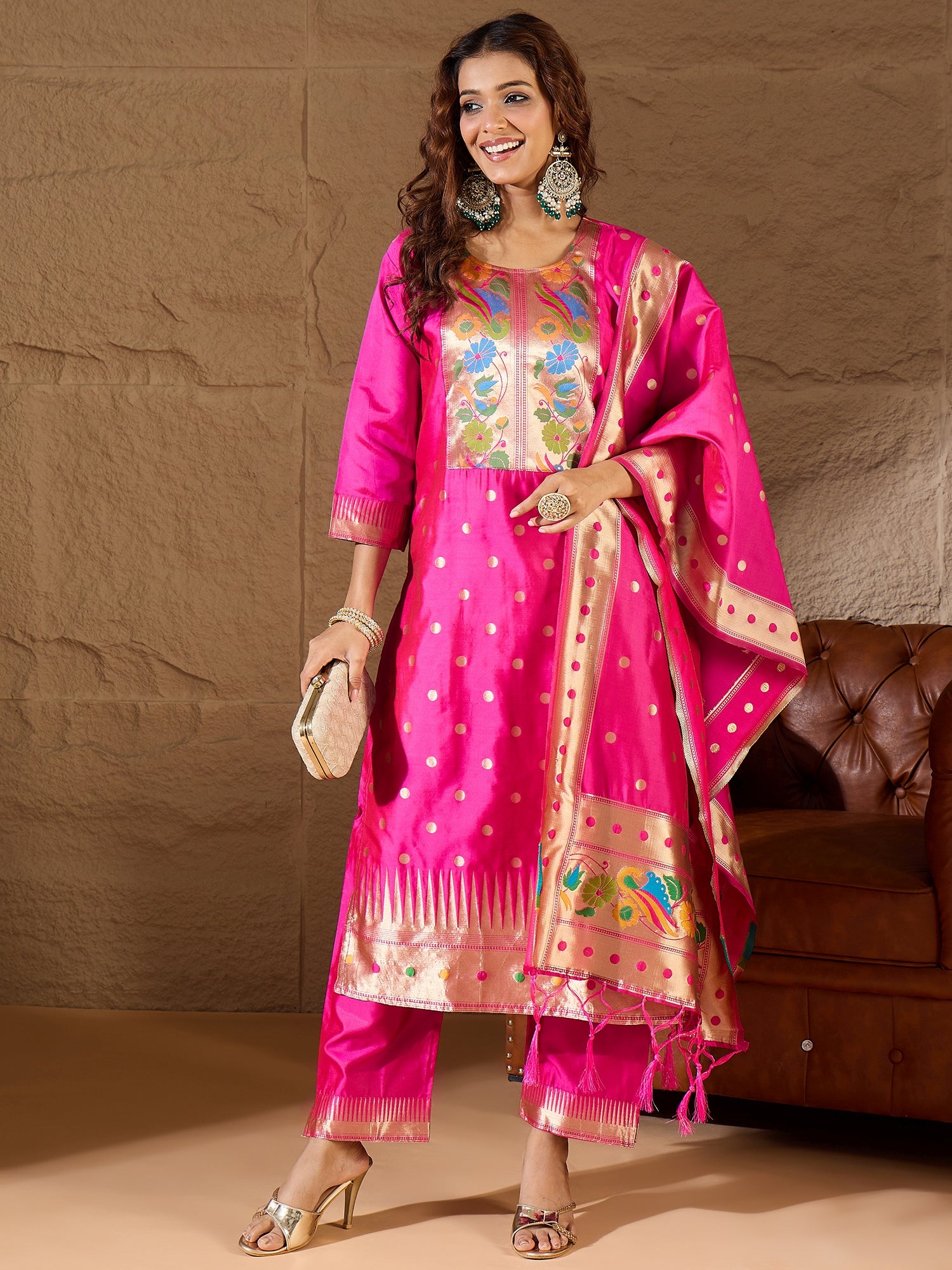 Palak Pink Cotton Silk Jacquard Kurta Pant With Banarasi Silk dupatta