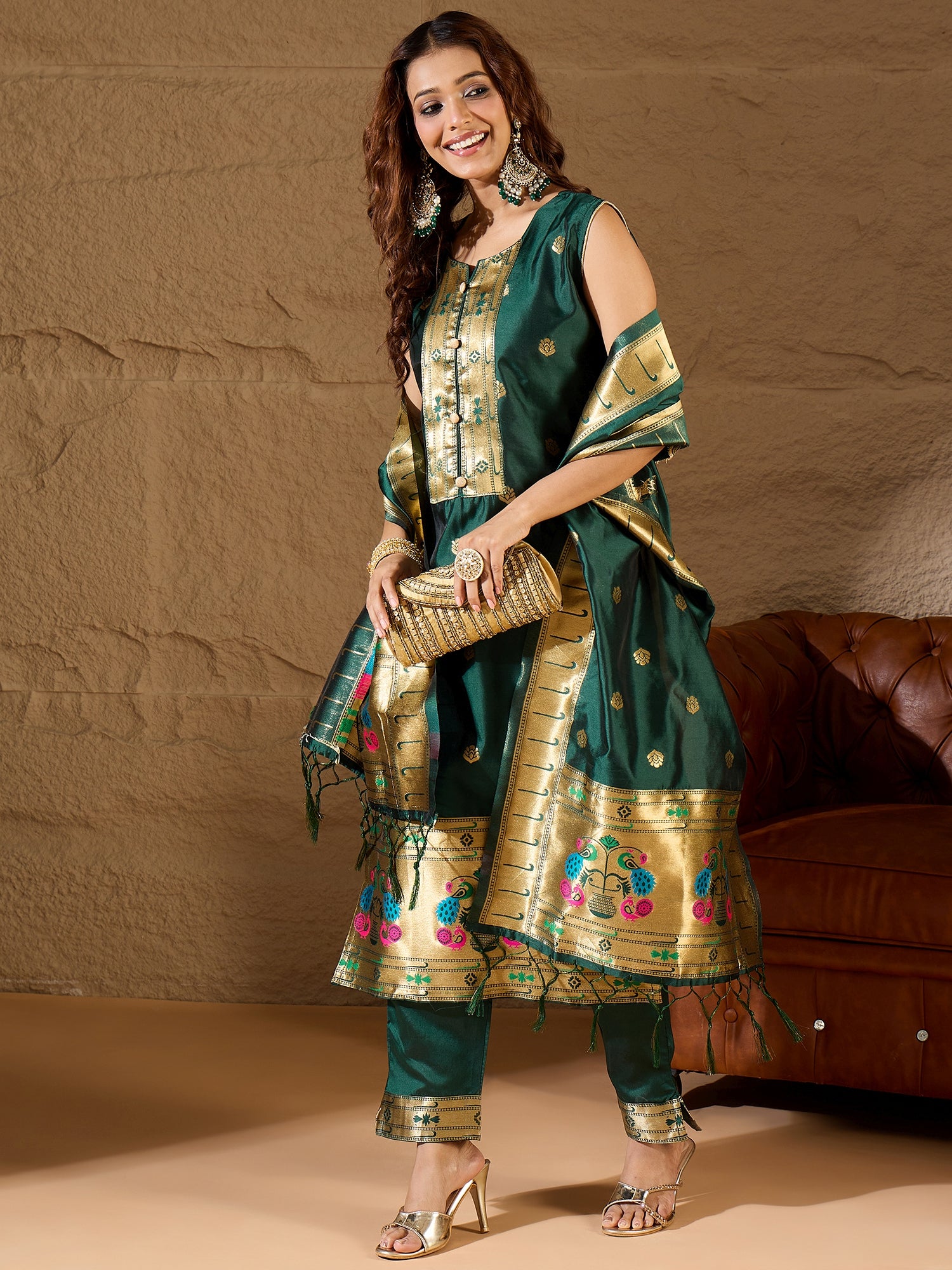 Misty Orchid Meenakari Silk Jacquard Kurta Set Suits