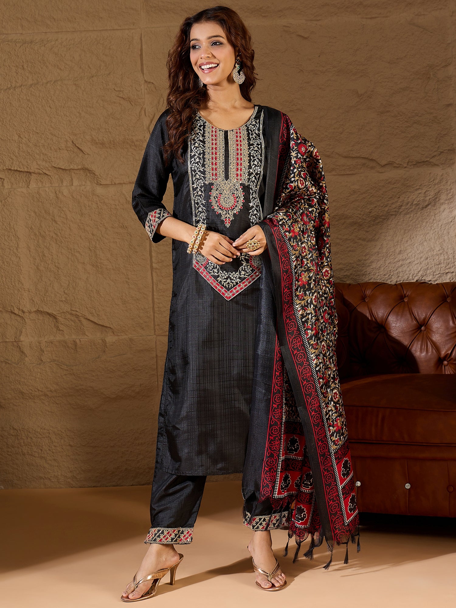 Vanshika Embroidered Silk Blend Calf Length Straight Kurta Trouser with Dupatta Set