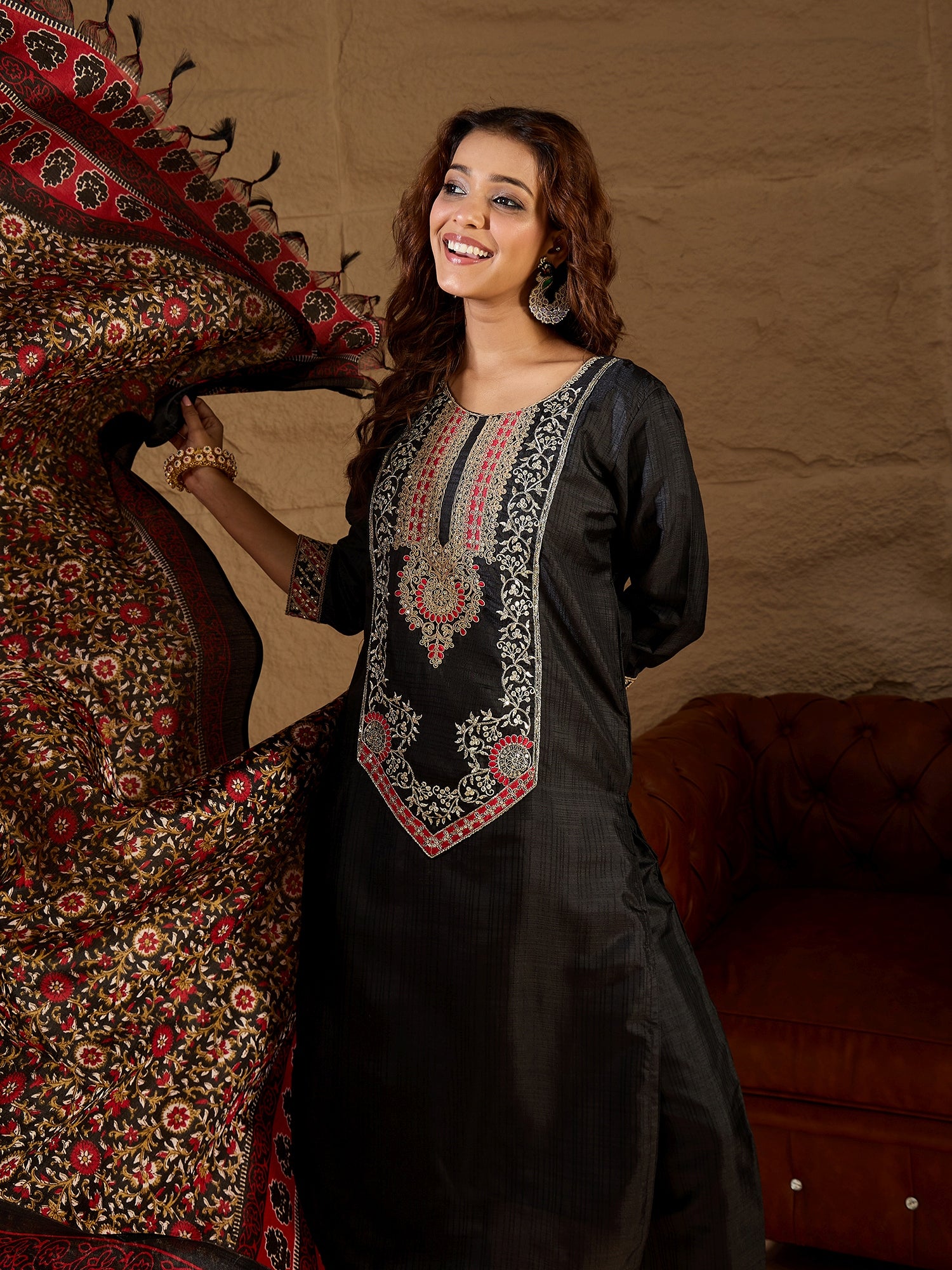 Vanshika Embroidered Silk Blend Calf Length Straight Kurta Trouser with Dupatta Set