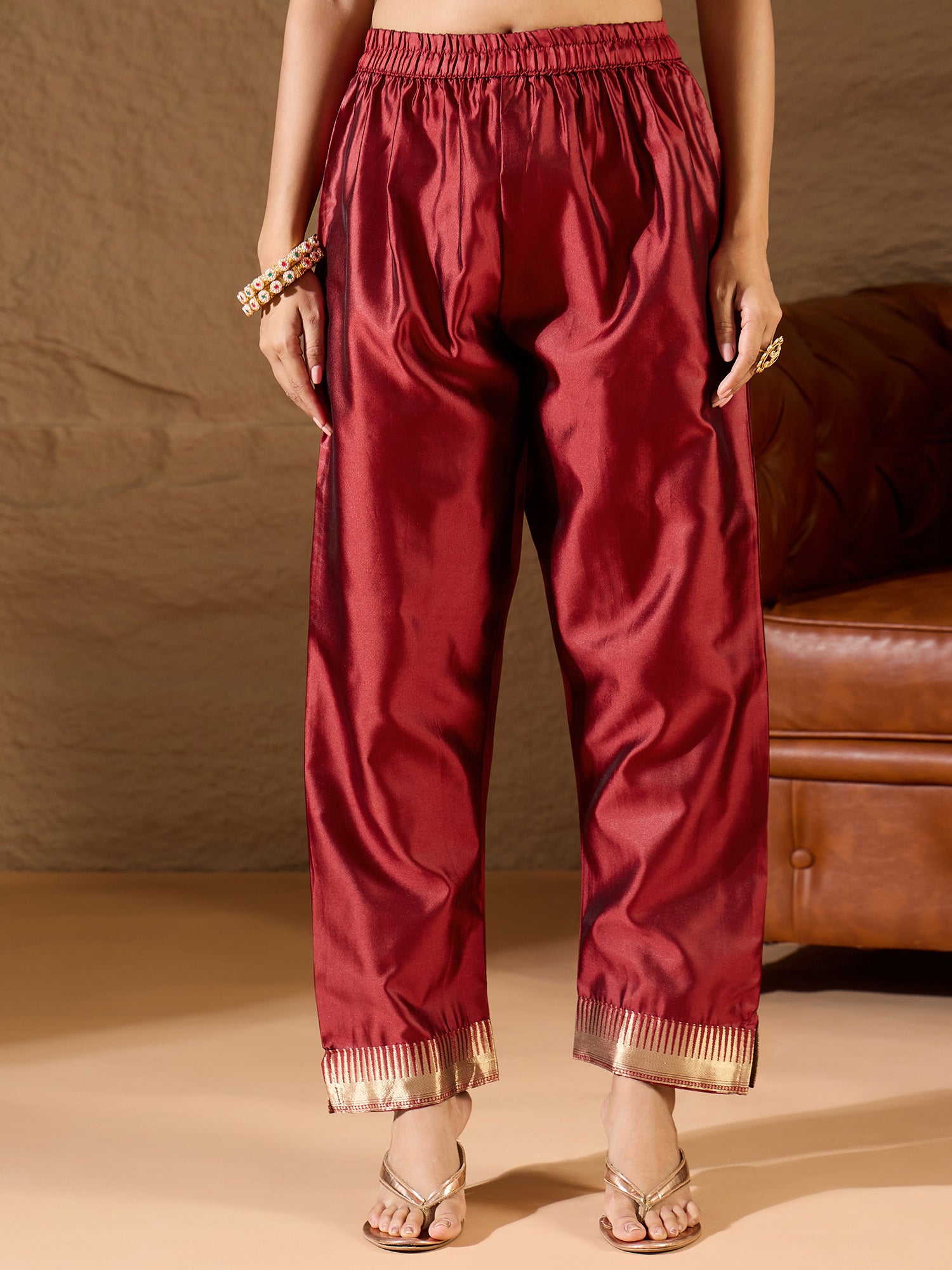 Khushi  Maroon Cotton Silk Jacquard Kurta Pant With Banarasi Silk dupatta