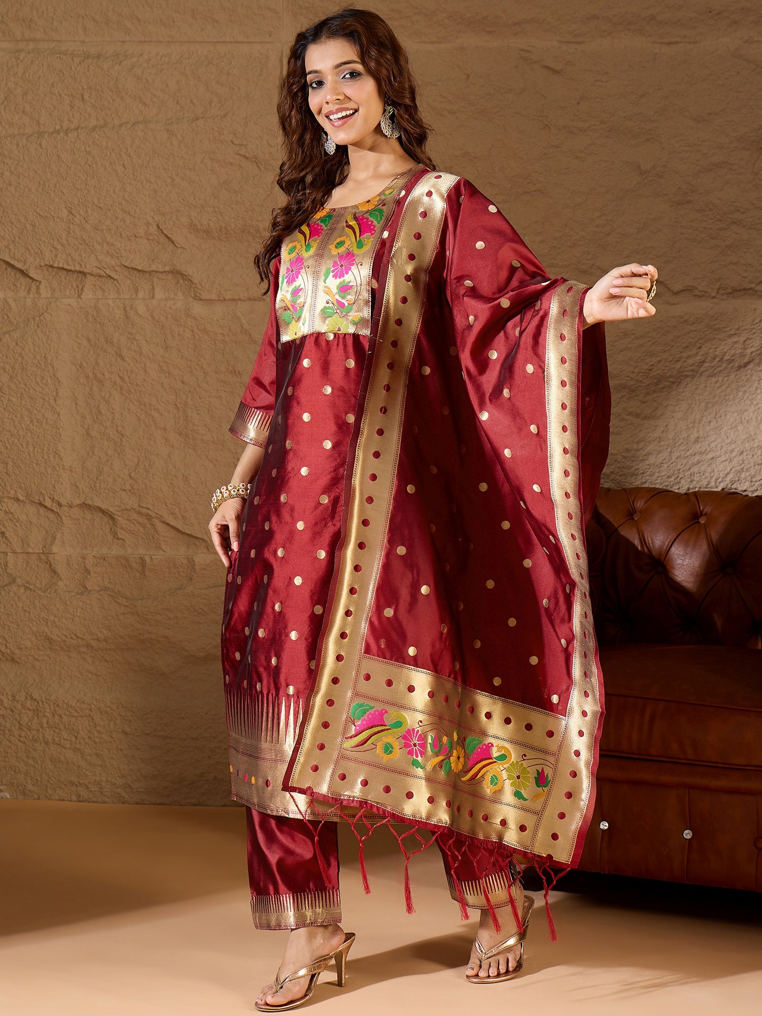 Khushi  Maroon Cotton Silk Jacquard Kurta Pant With Banarasi Silk dupatta