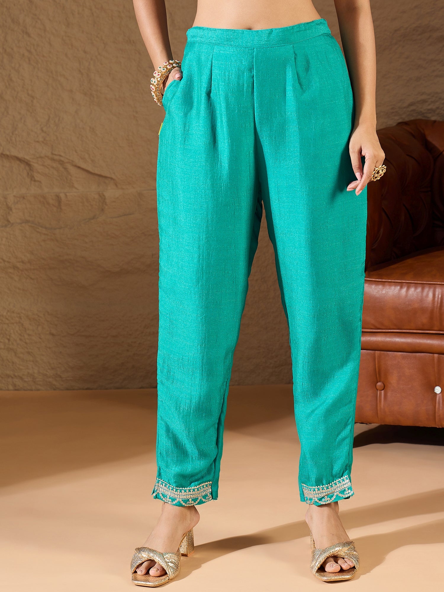 Ishita Bright Blue Silk Blend Yoke Design Kurta and Trousers Pant Set