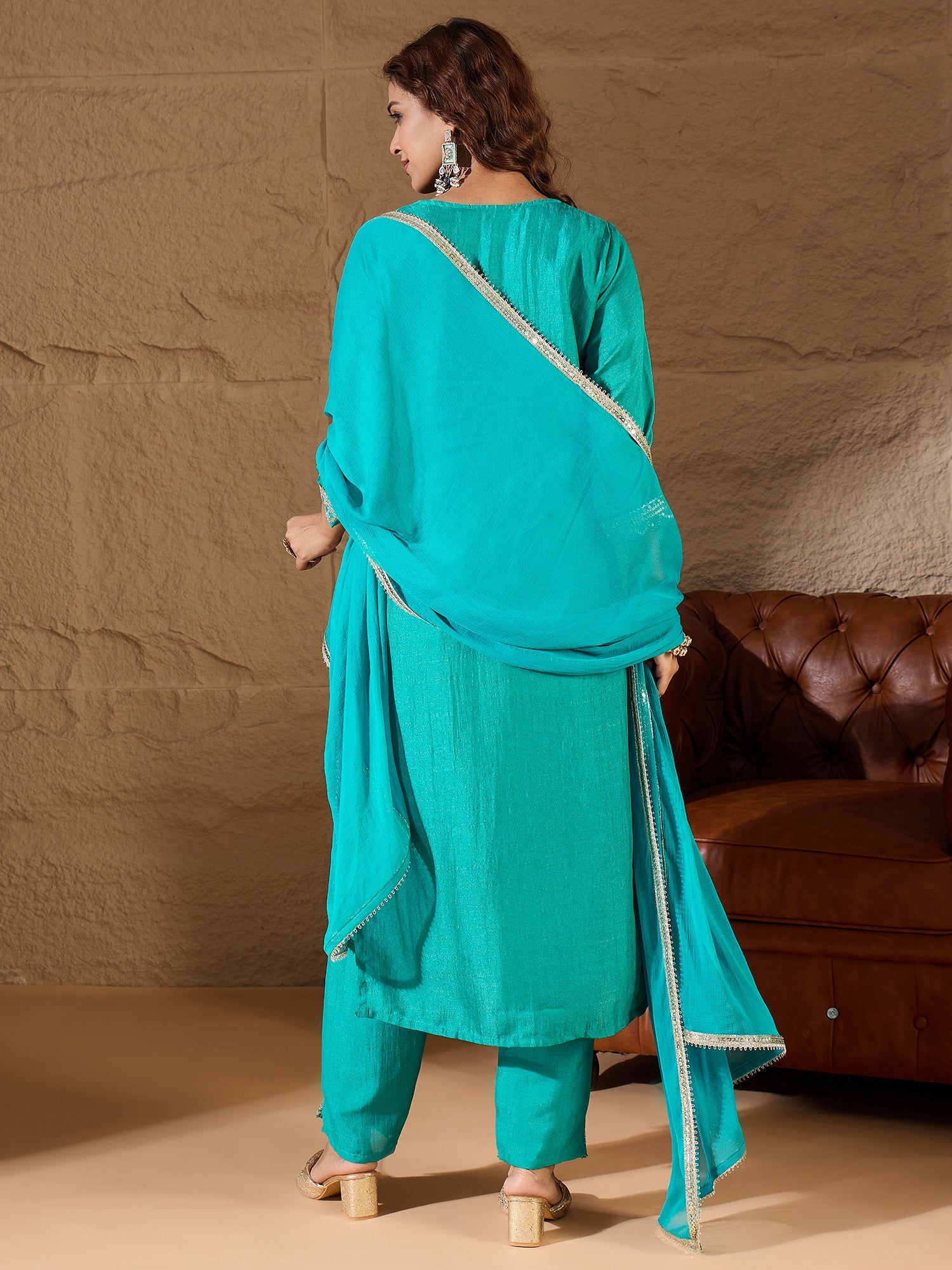 Ishita Bright Blue Silk Blend Yoke Design Kurta and Trousers Pant Set