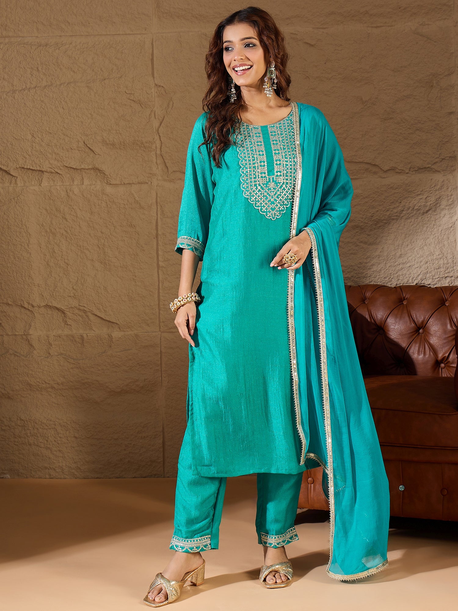 Ishita Bright Blue Silk Blend Yoke Design Kurta and Trousers Pant Set
