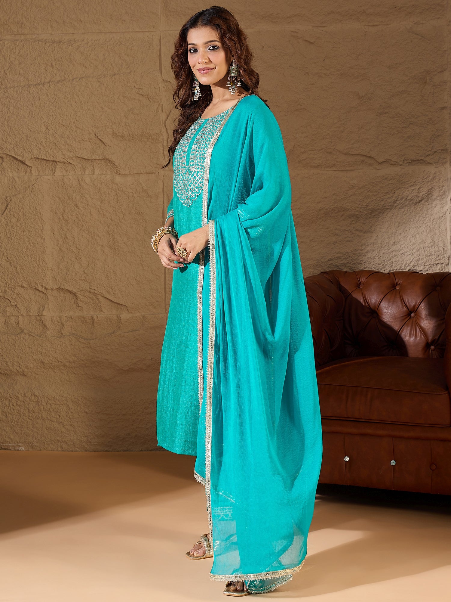 Ishita Bright Blue Silk Blend Yoke Design Kurta and Trousers Pant Set