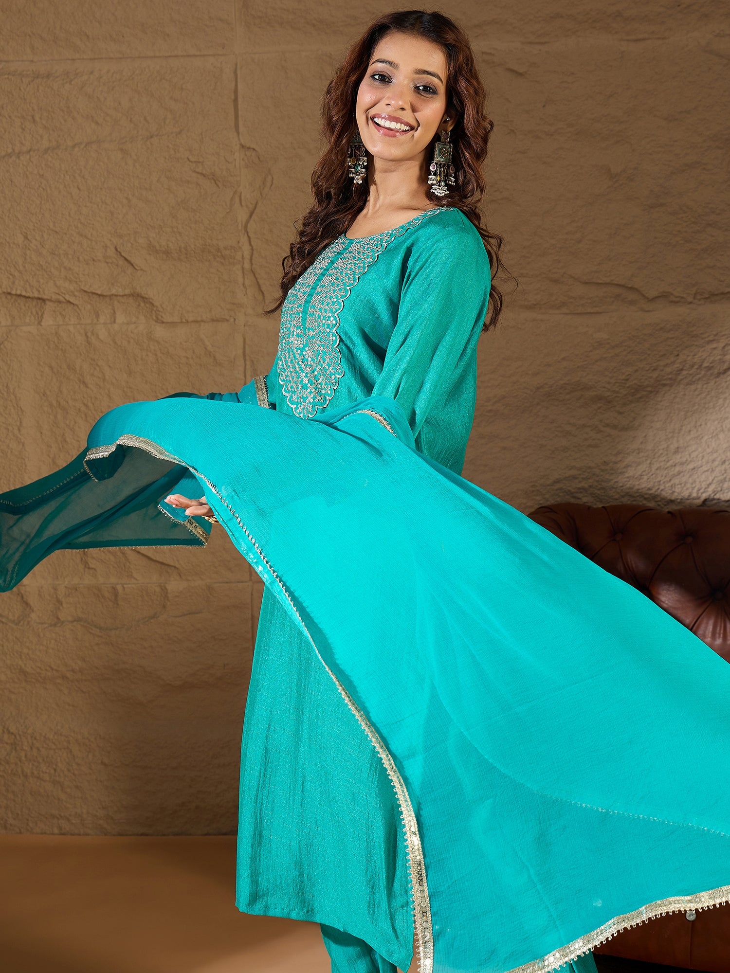 Ishita Bright Blue Silk Blend Yoke Design Kurta and Trousers Pant Set