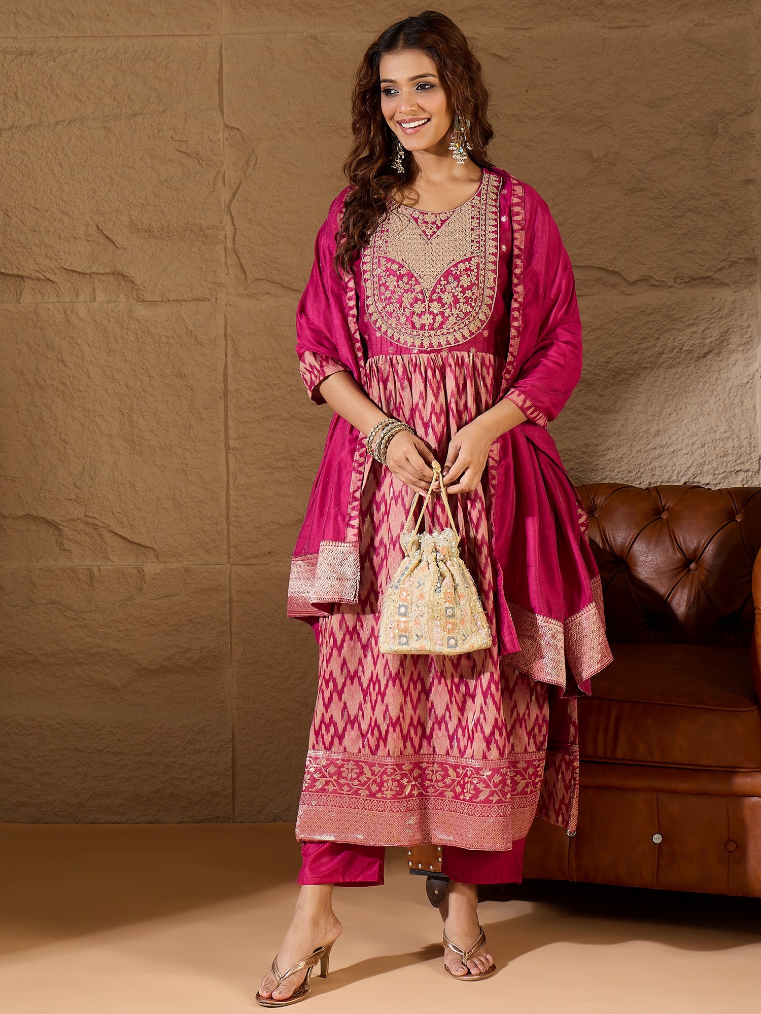 Vaishnavi Purple Cotton Silk Embellished Flared Suit Set