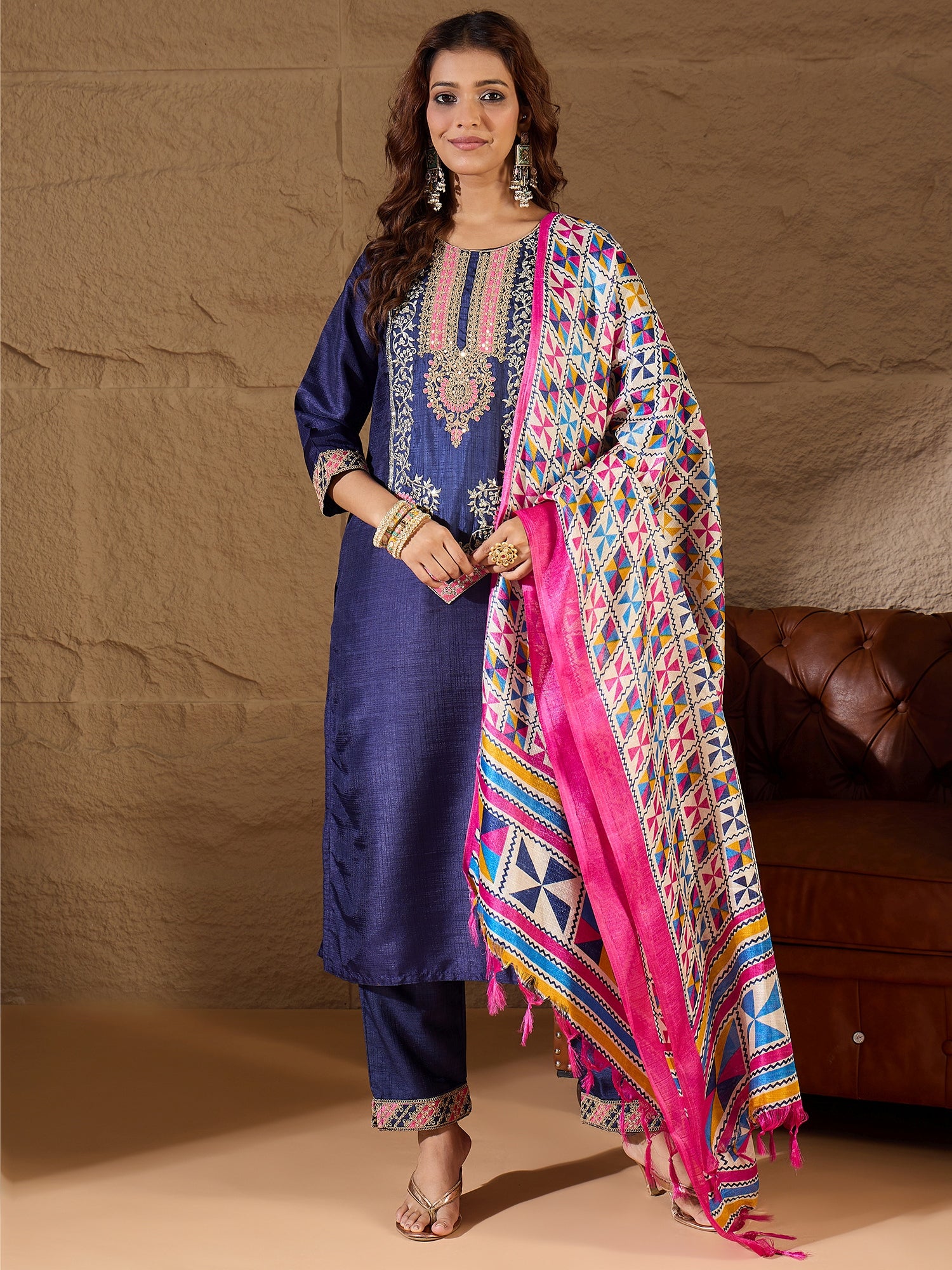 Aaradhya Embroidered Silk Blend Calf Length Straight Kurta Trouser with Dupatta Set